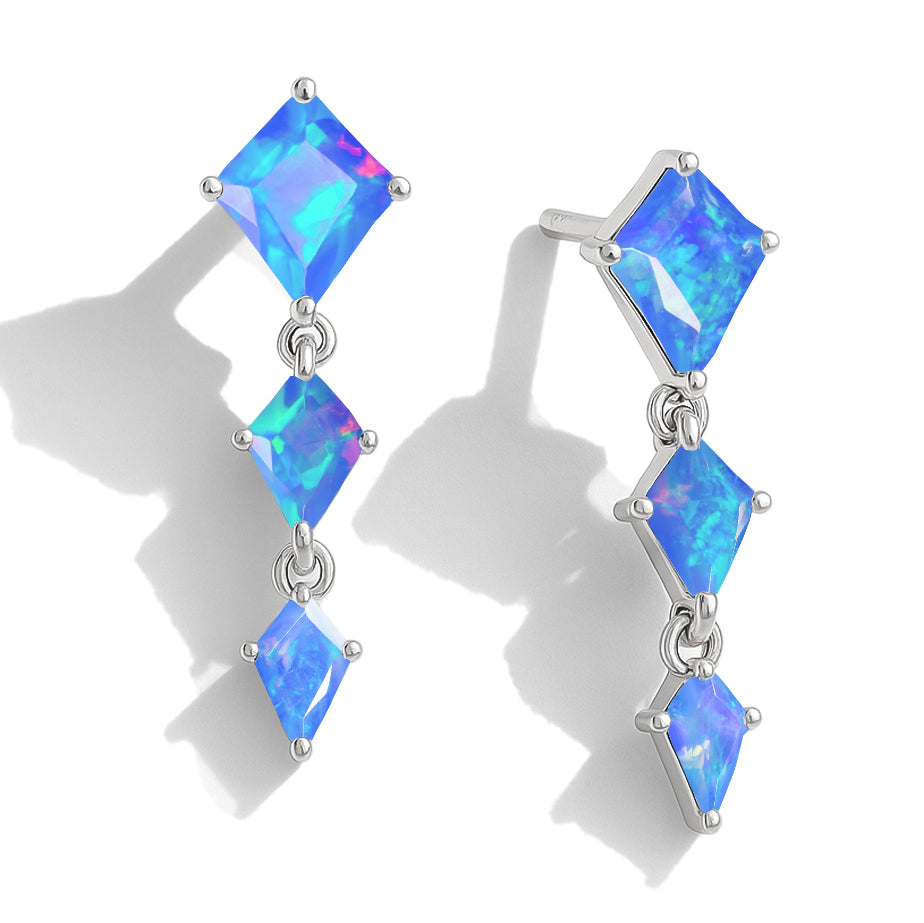 Real Blue Sterling Silver Opal Kite Trio Stone Drop Earrings 
