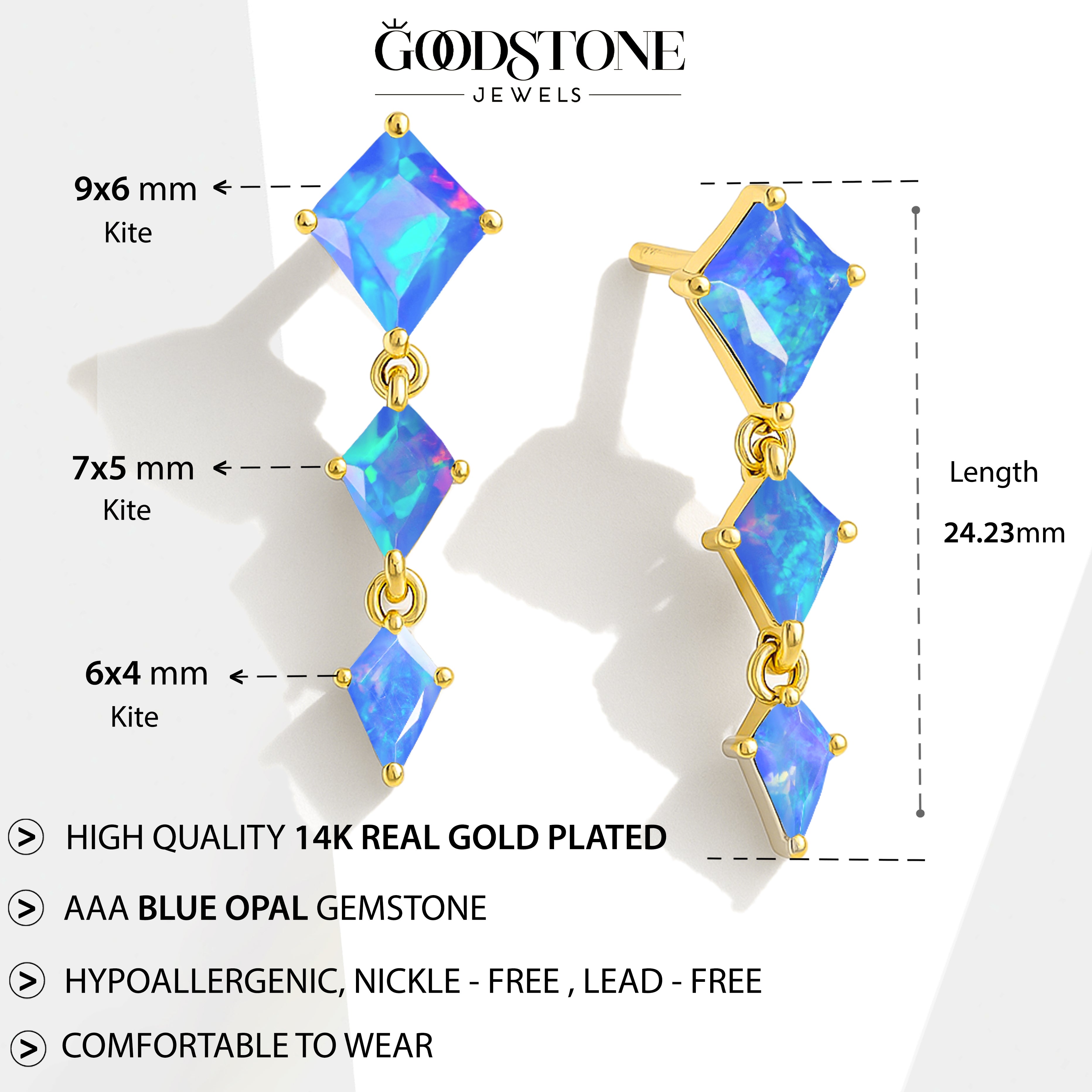 Blue Opal Kite Trio Stone Drop Earrings in 925 Sterling Silver