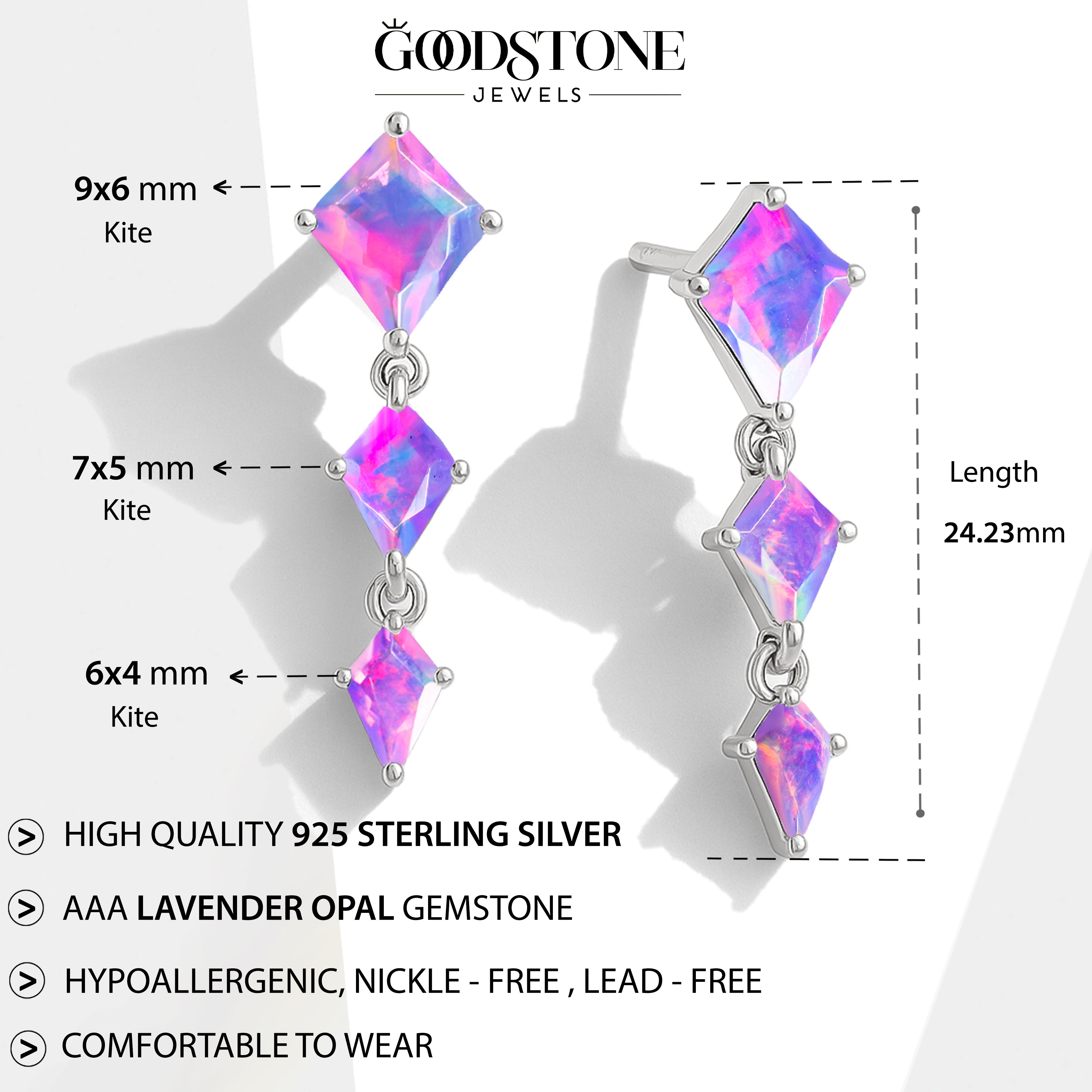 Lavender Opal Kite Trio Stone Drop Earrings in 925 Sterling Silver
