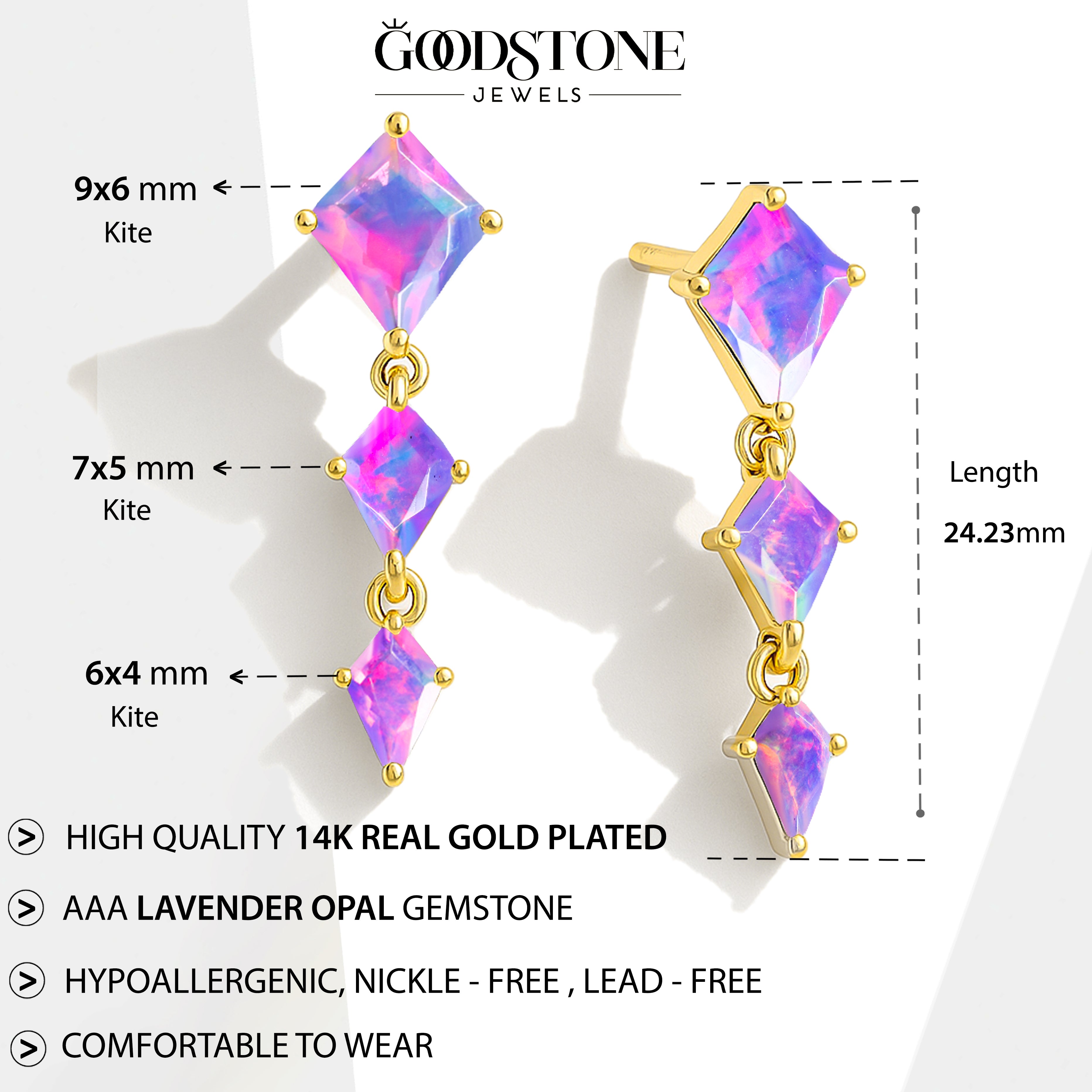 Lavender Opal Kite Trio Stone Drop Earrings in 925 Sterling Silver