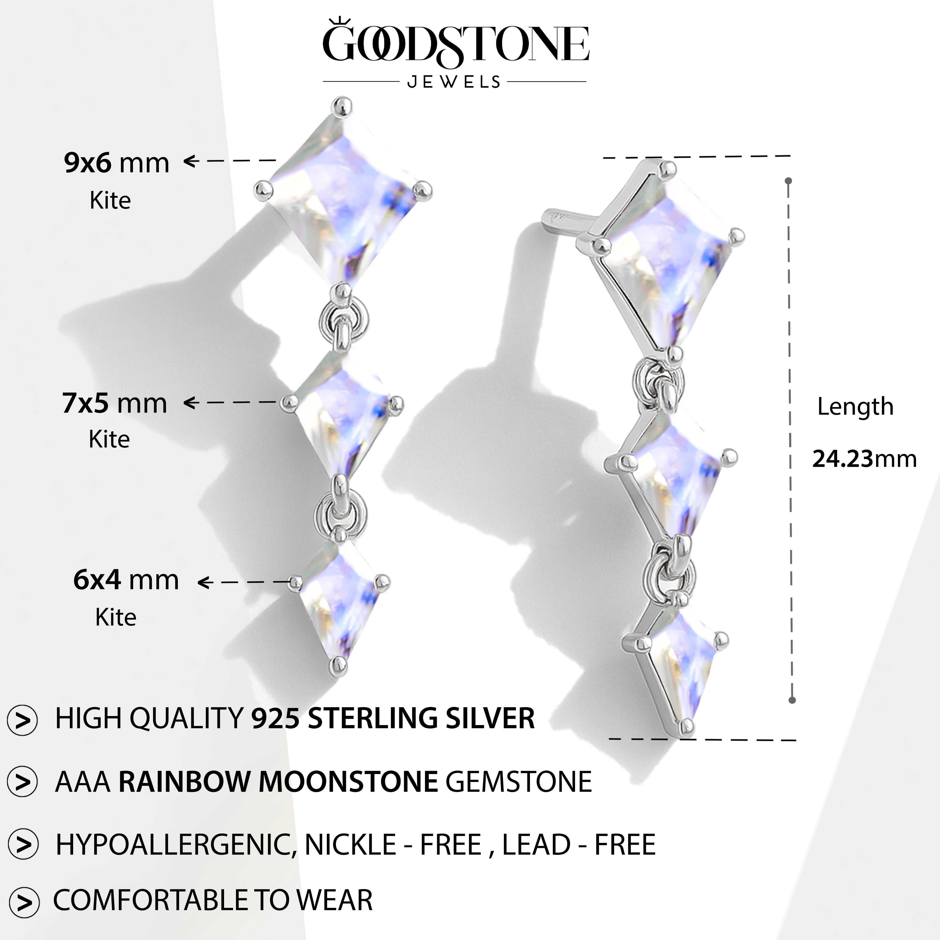 Moonstone Kite Trio Stone Drop Earrings in 925 Sterling Silver