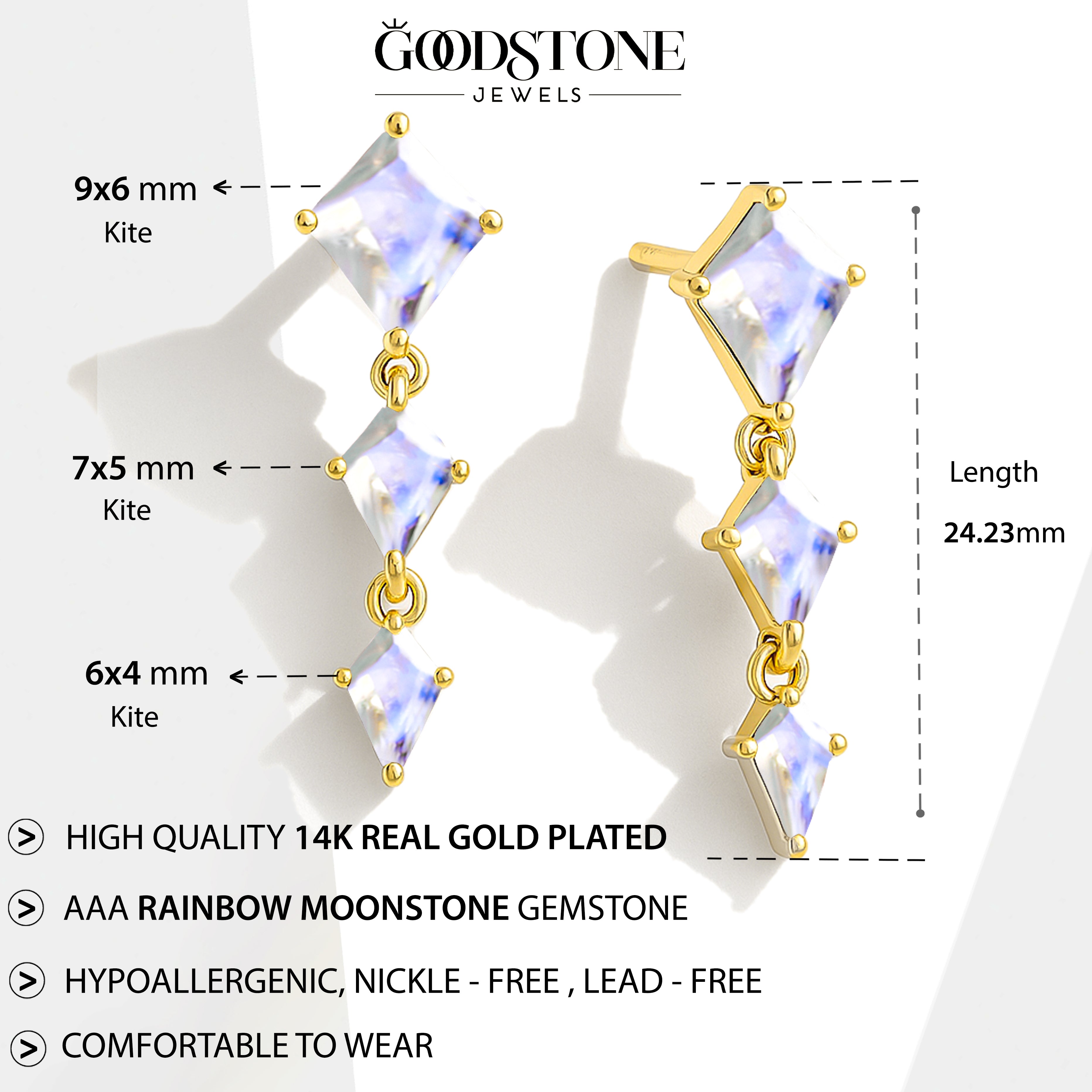 Moonstone Kite Trio Stone Drop Earrings in 925 Sterling Silver