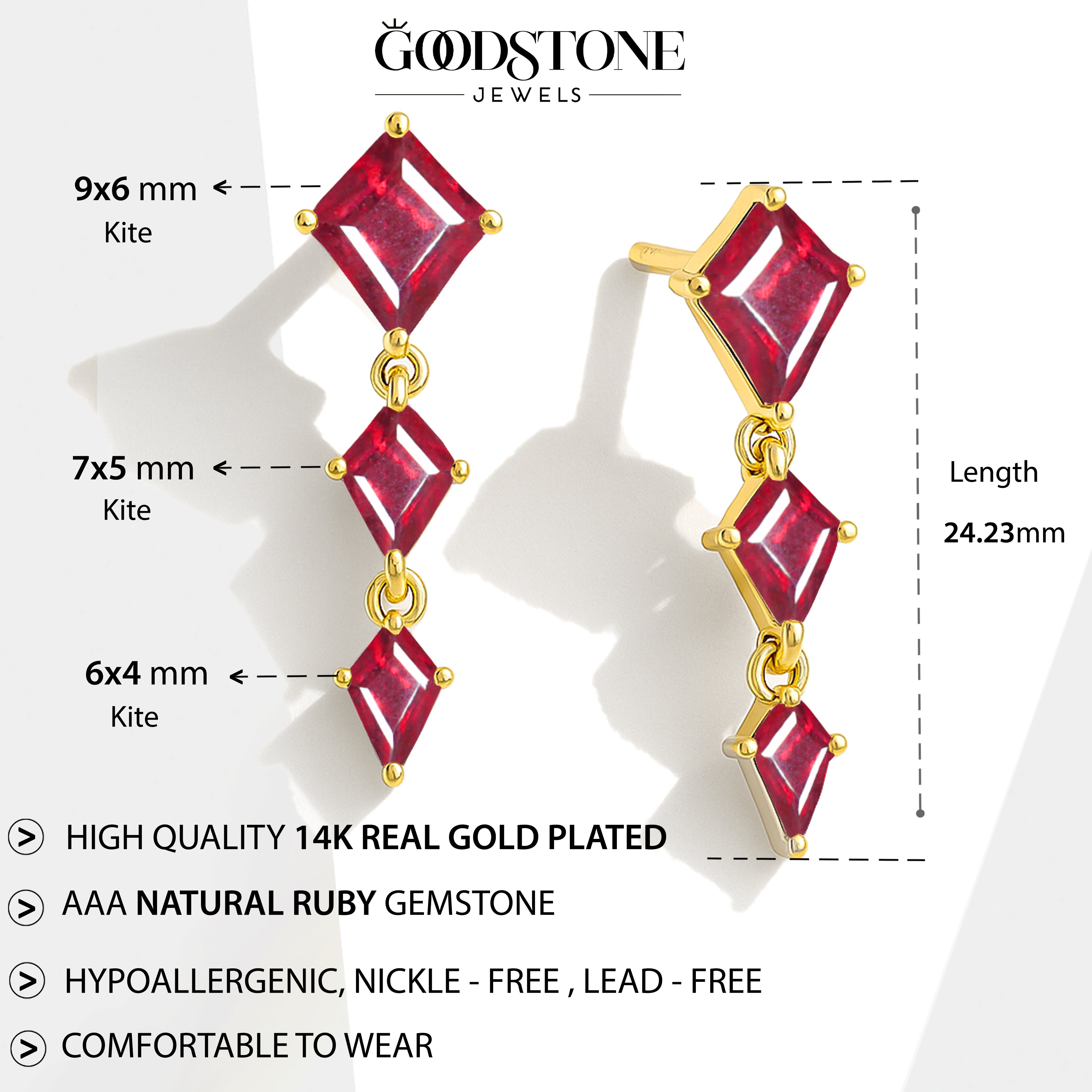 Ruby Kite Trio Stone Drop Earrings in 925 Sterling Silver