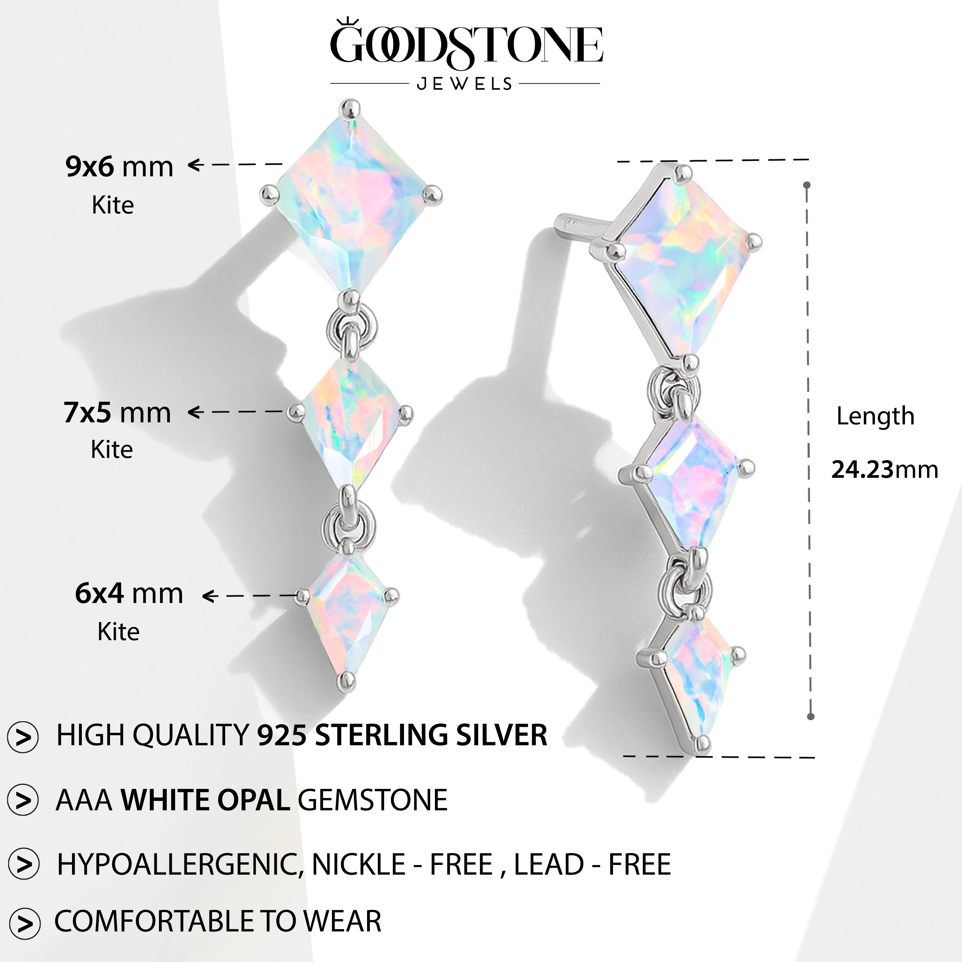 White Opal Kite Trio Stone Drop Earrings in 925 Sterling Silver