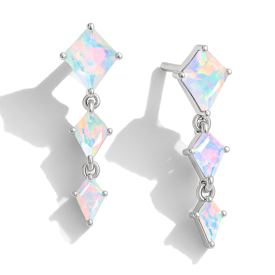 Real White Sterling Silver Opal Kite Trio Stone Drop Earrings