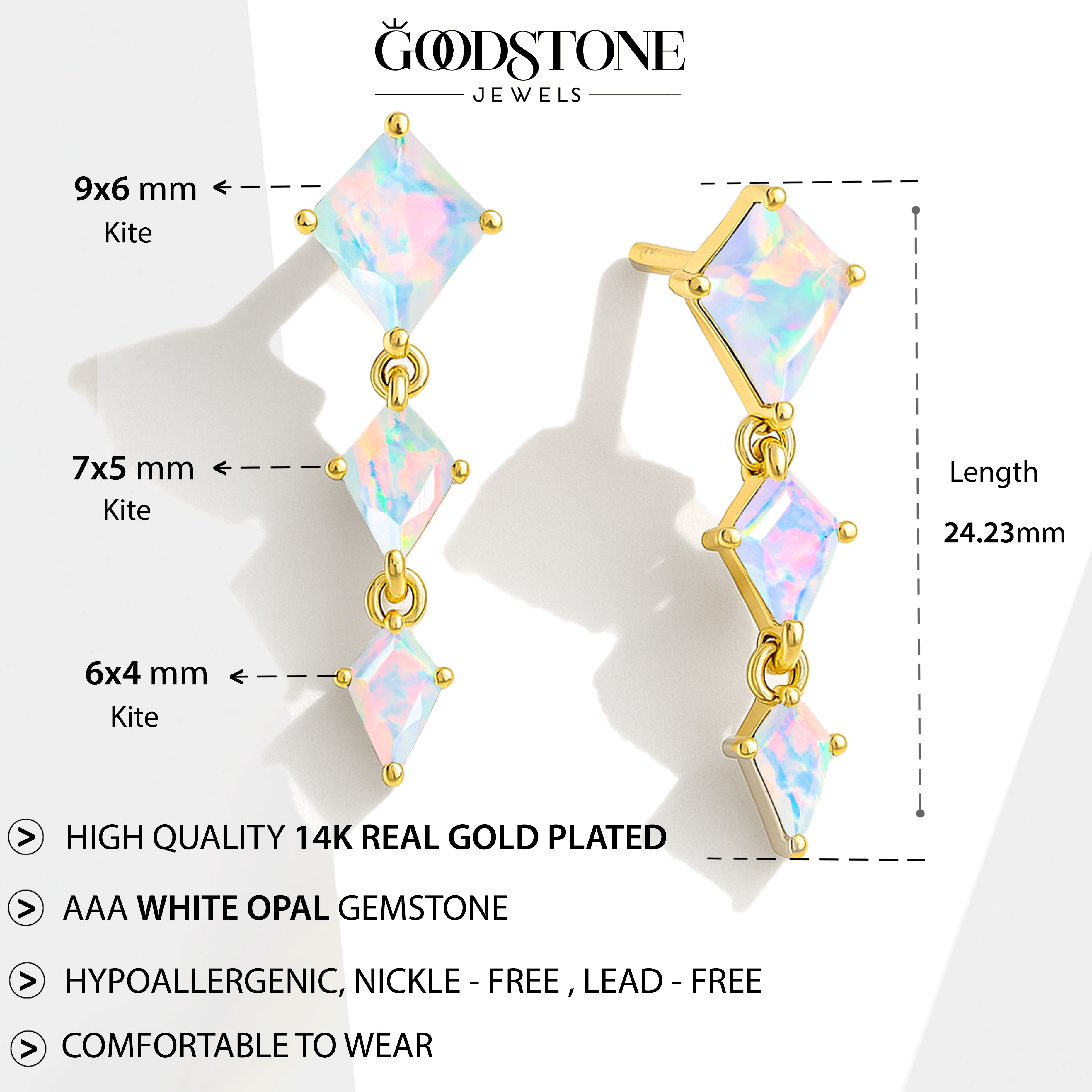 White Opal Kite Trio Stone Drop Earrings in 925 Sterling Silver