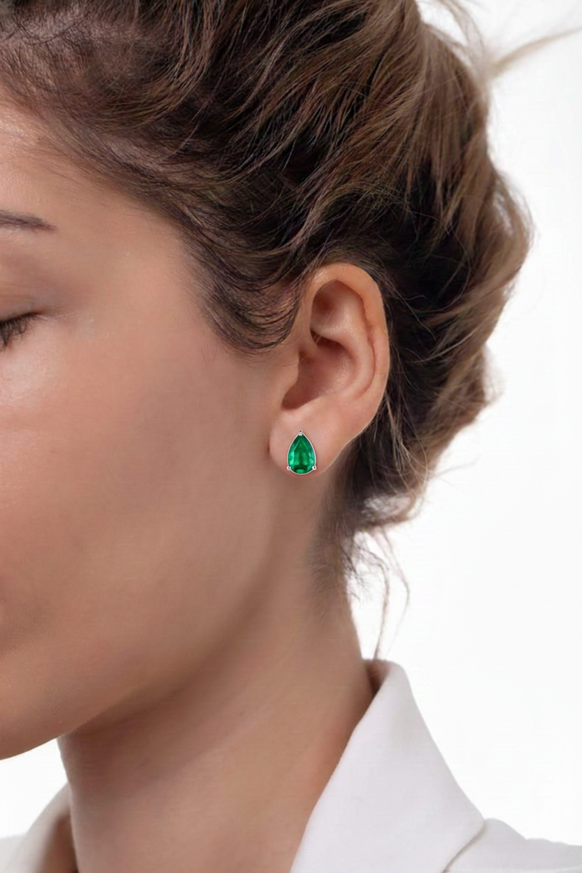 Emerald Pear Solitaire Stud Earring in 925 Sterling Silver 10X8 MM 5.35ct