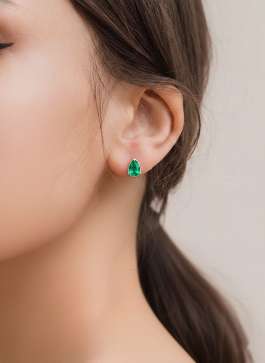 Emerald Pear Solitaire Stud Earring in 925 Sterling Silver 10X8 MM 5.35ct