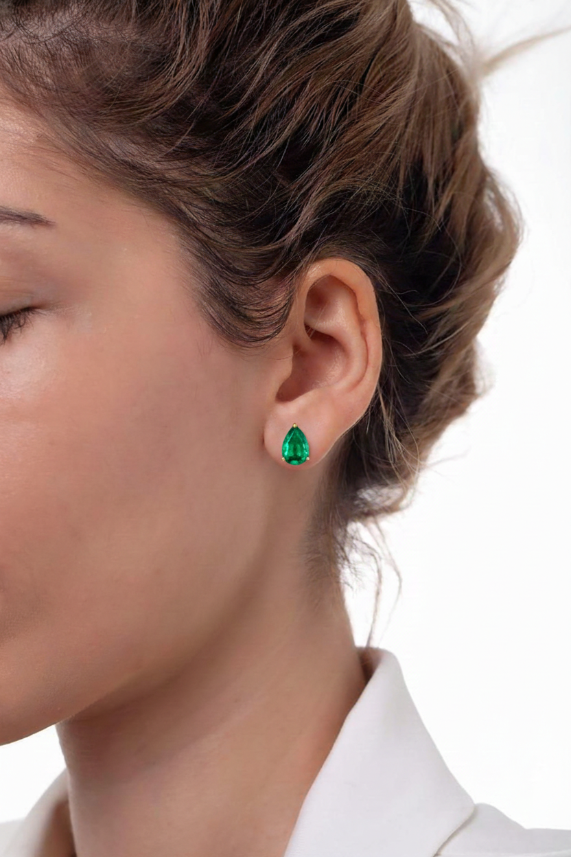 Emerald Pear Solitaire Stud Earring in 925 Sterling Silver 10X8 MM 5.35ct