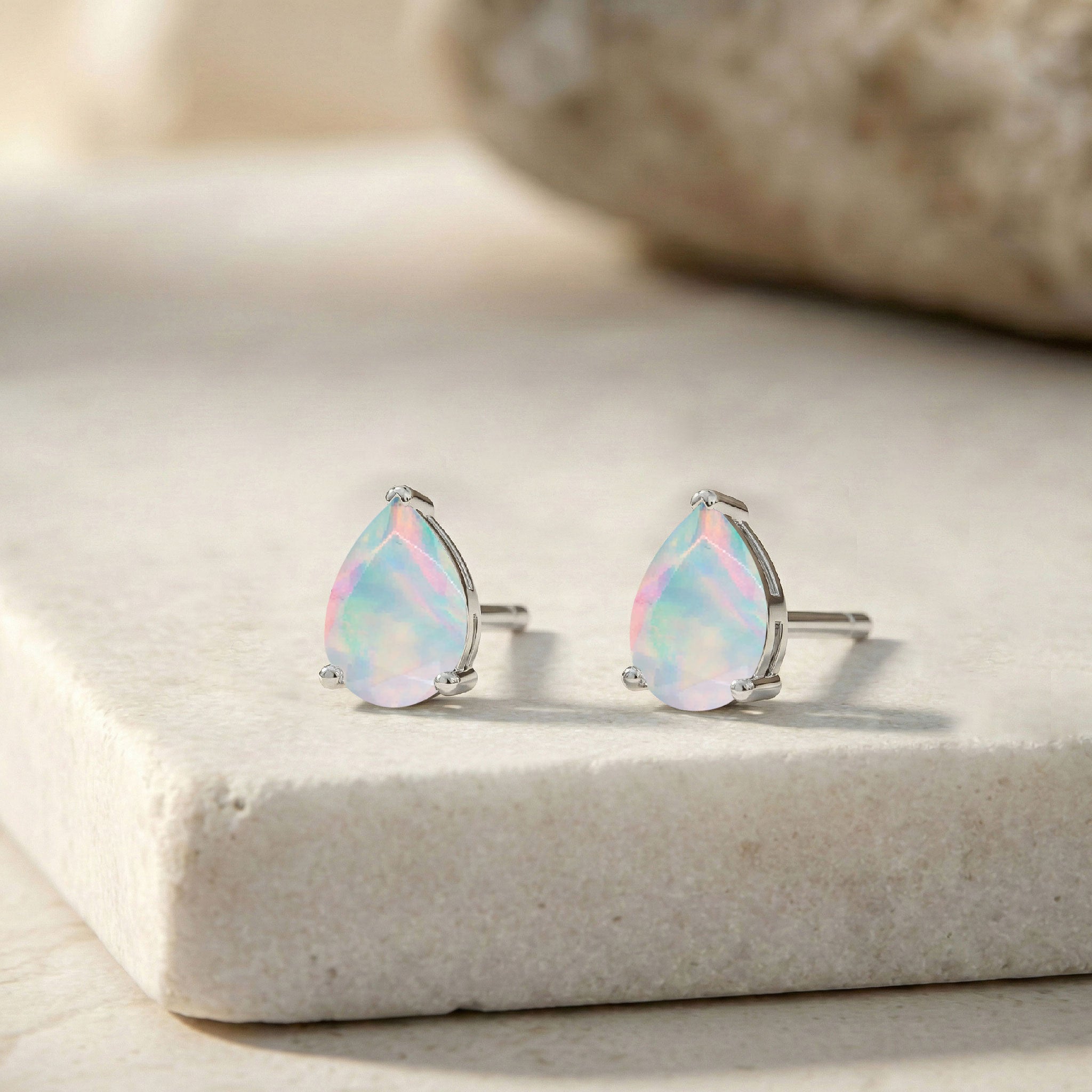 White Opal Pear Solitaire Stud Earring in 925 Sterling Silver 10X8 MM 5.35ct