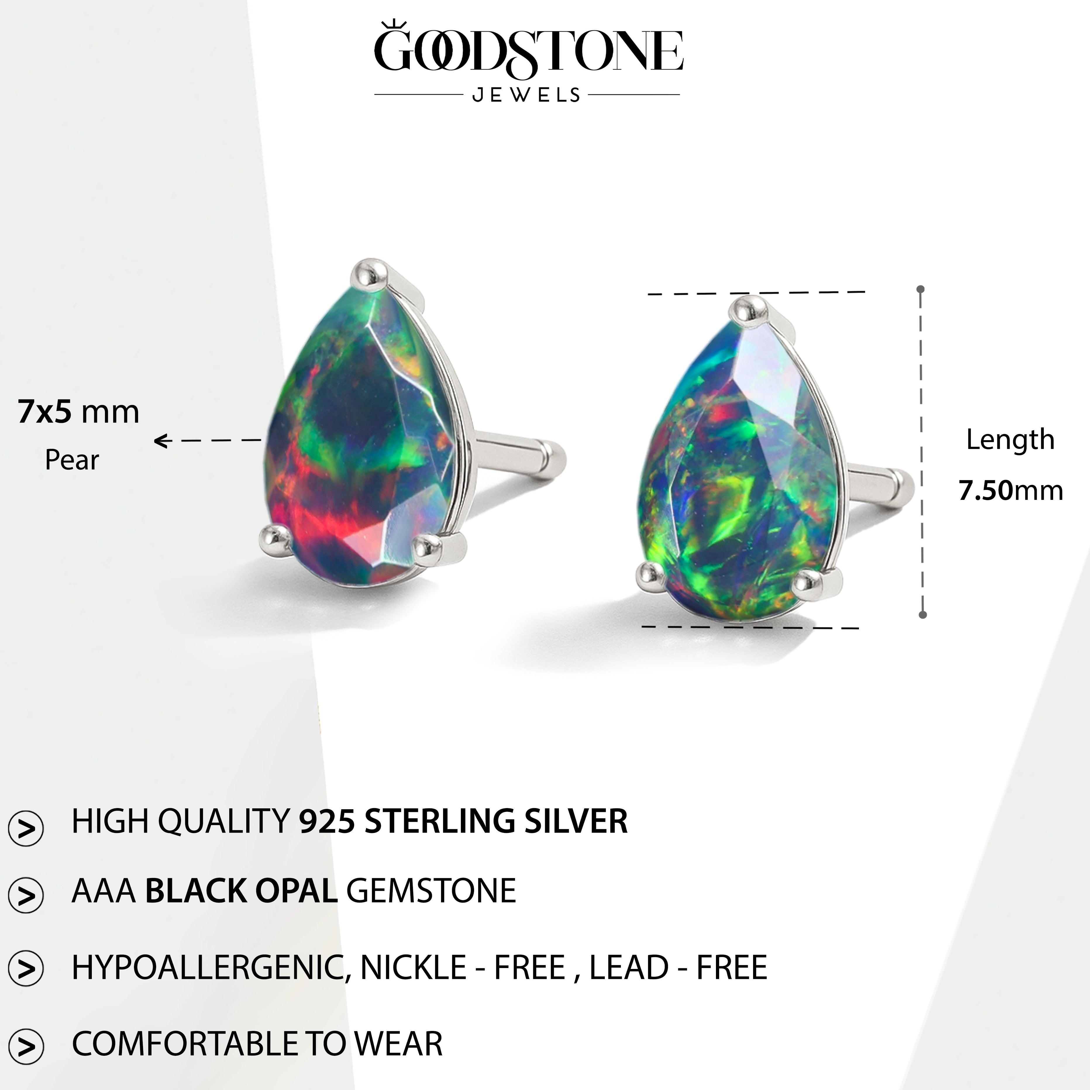 Elegant 7x5 mm Black Opal Pear Cut Stud Earrings in Sterling Silver