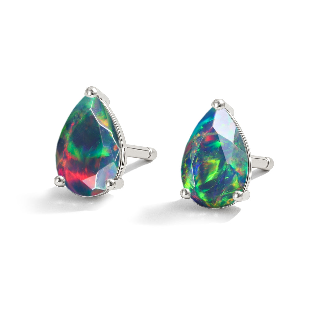 Real Black Opal Pear Cut Stud Earrings in Sterling Silver 