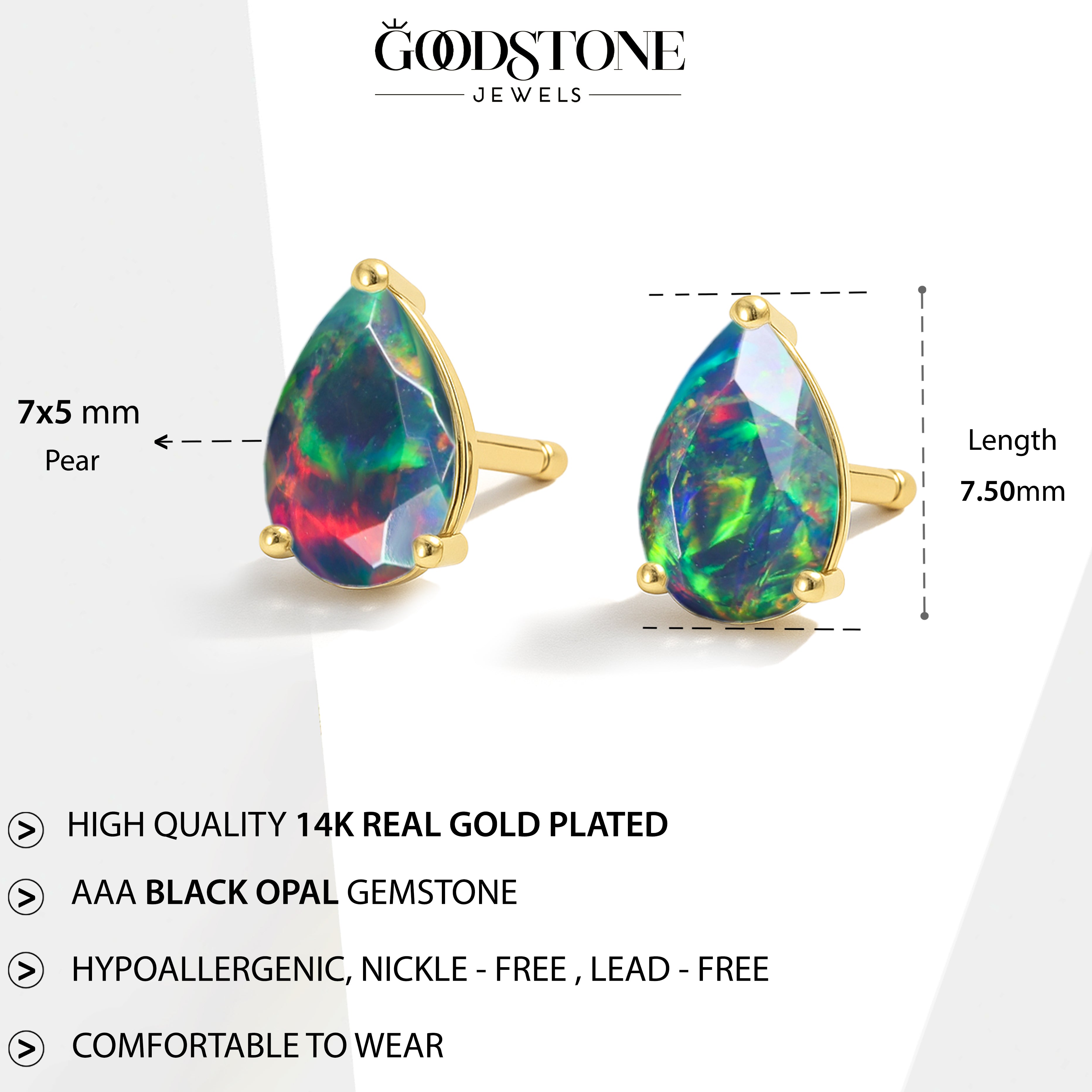 Elegant 7x5 mm Black Opal Pear Cut Stud Earrings in Sterling Silver