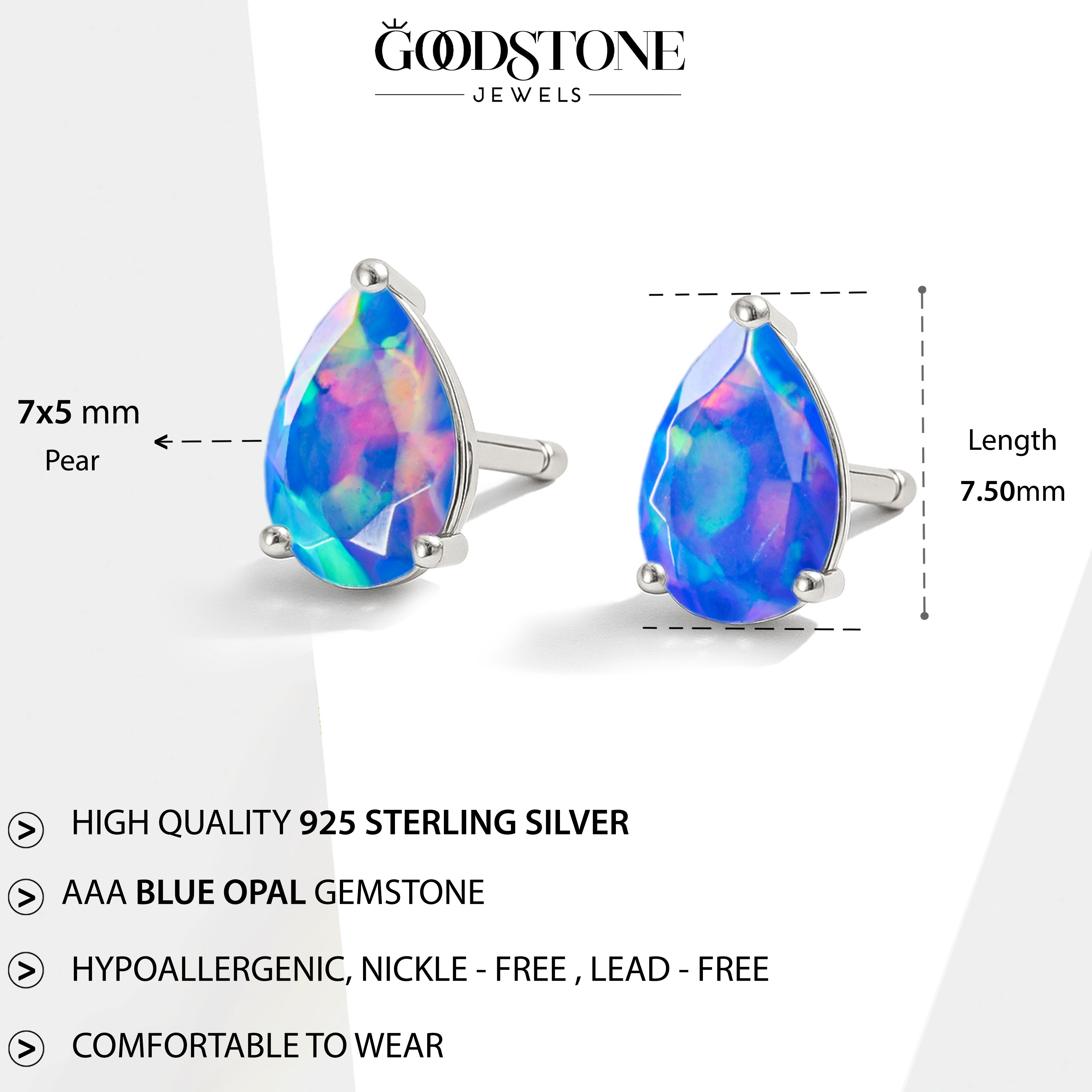 Elegant 7x5 mm Blue Opal Pear Cut Stud Earrings in Sterling Silver