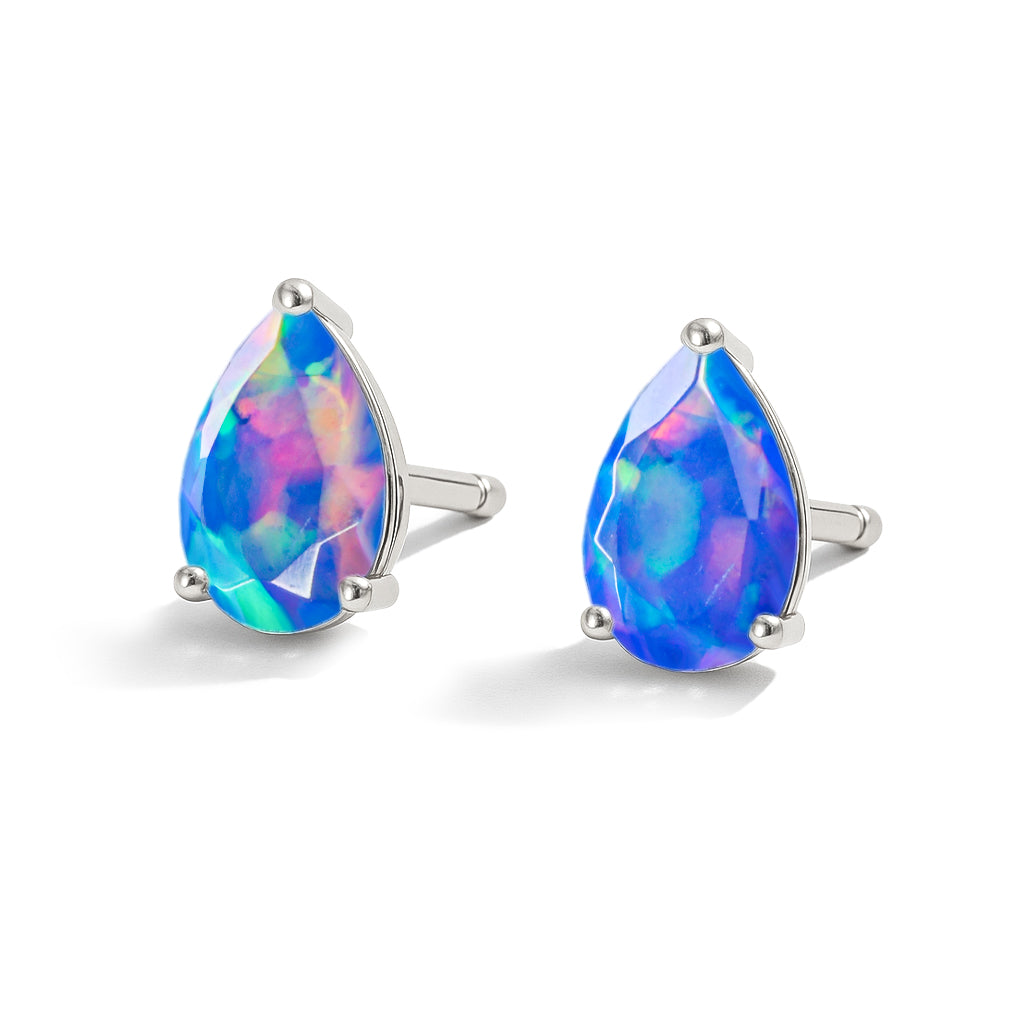 Real Blue Fire Sterling Silver Opal Pear Cut Stud Earrings