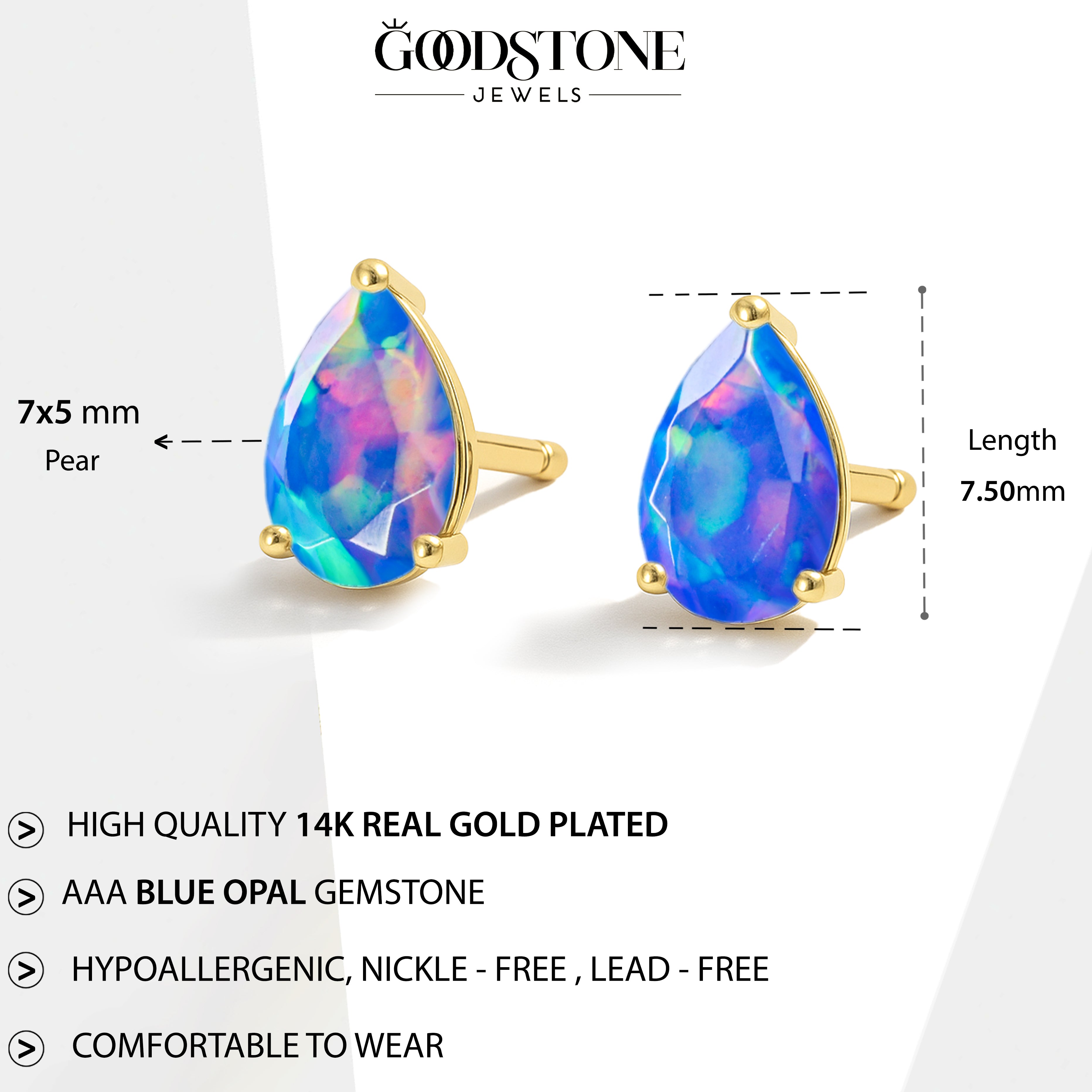 Elegant 7x5 mm Blue Opal Pear Cut Stud Earrings in Sterling Silver