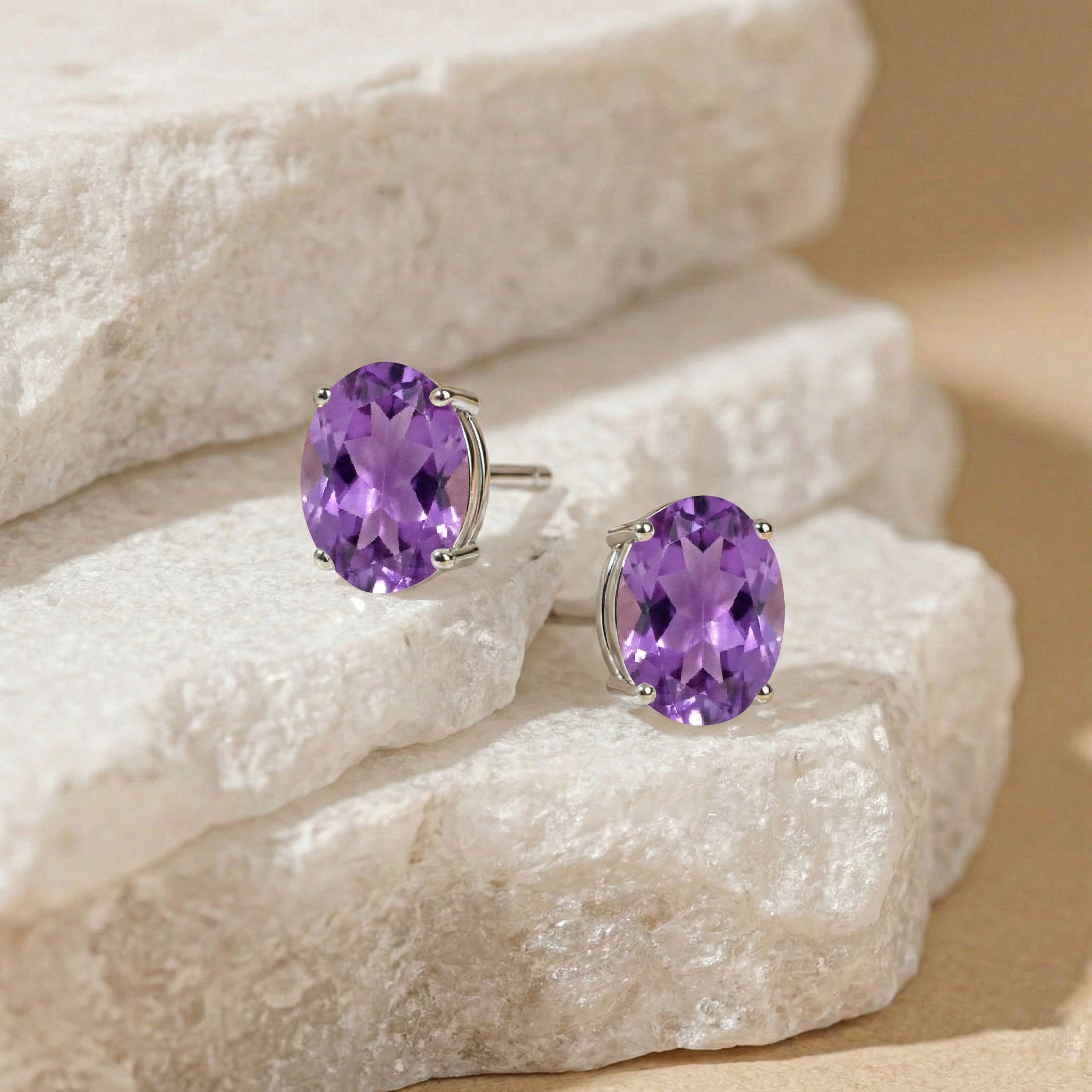 Amethyst Oval  Solitaire Stud Earrings in 925 Sterling Silver 5.35ct