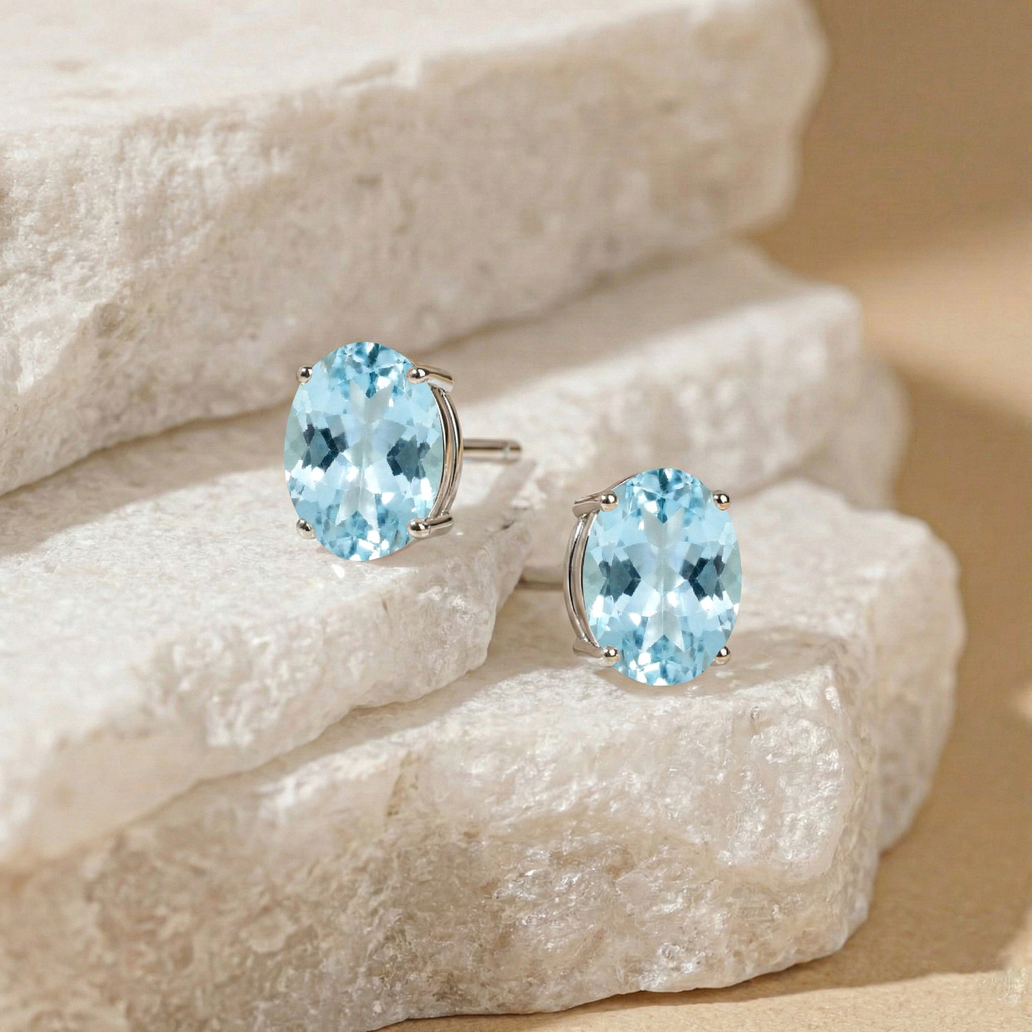 Aquamarine Oval Solitaire Stud Earrings in  925 Sterling Silver 5.35ct