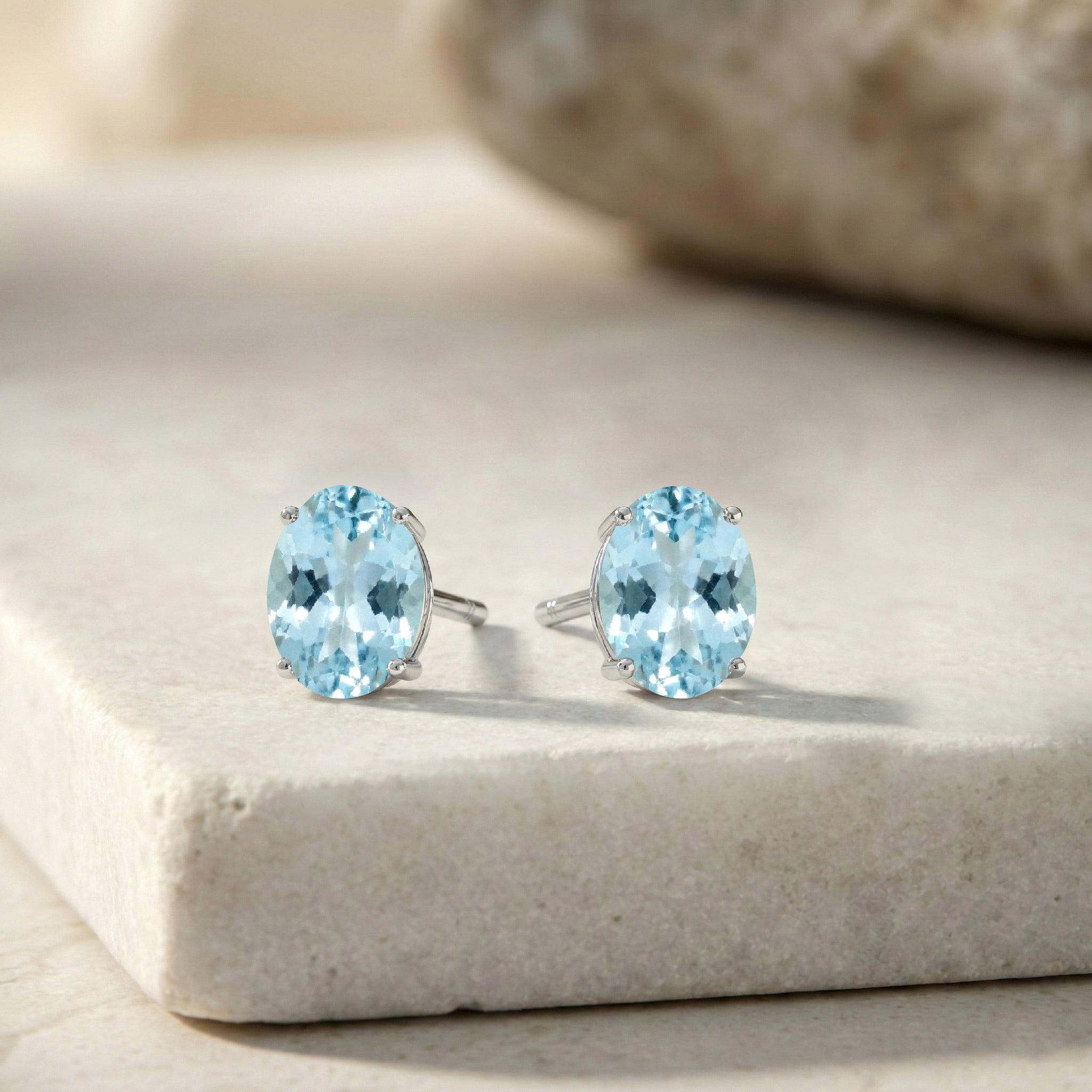 Aquamarine Oval Solitaire Stud Earrings in  925 Sterling Silver 5.35ct