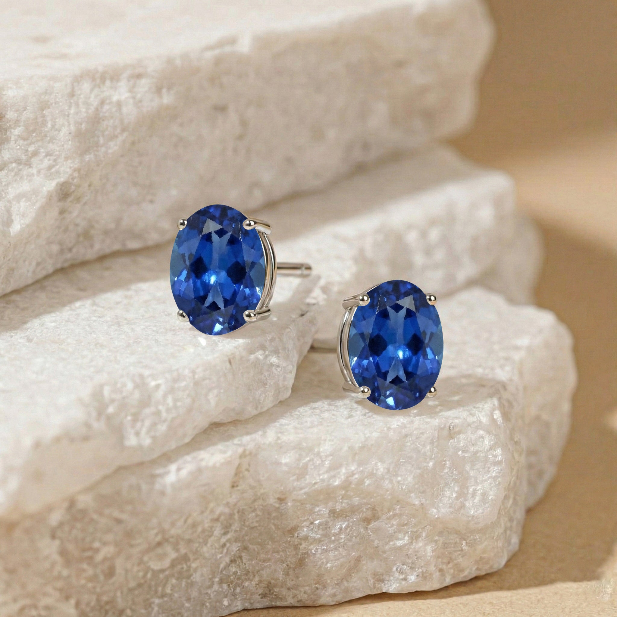 Blue Sapphire Oval Solitaire Stud Earrings in 925 Sterling Silver 5.35ct