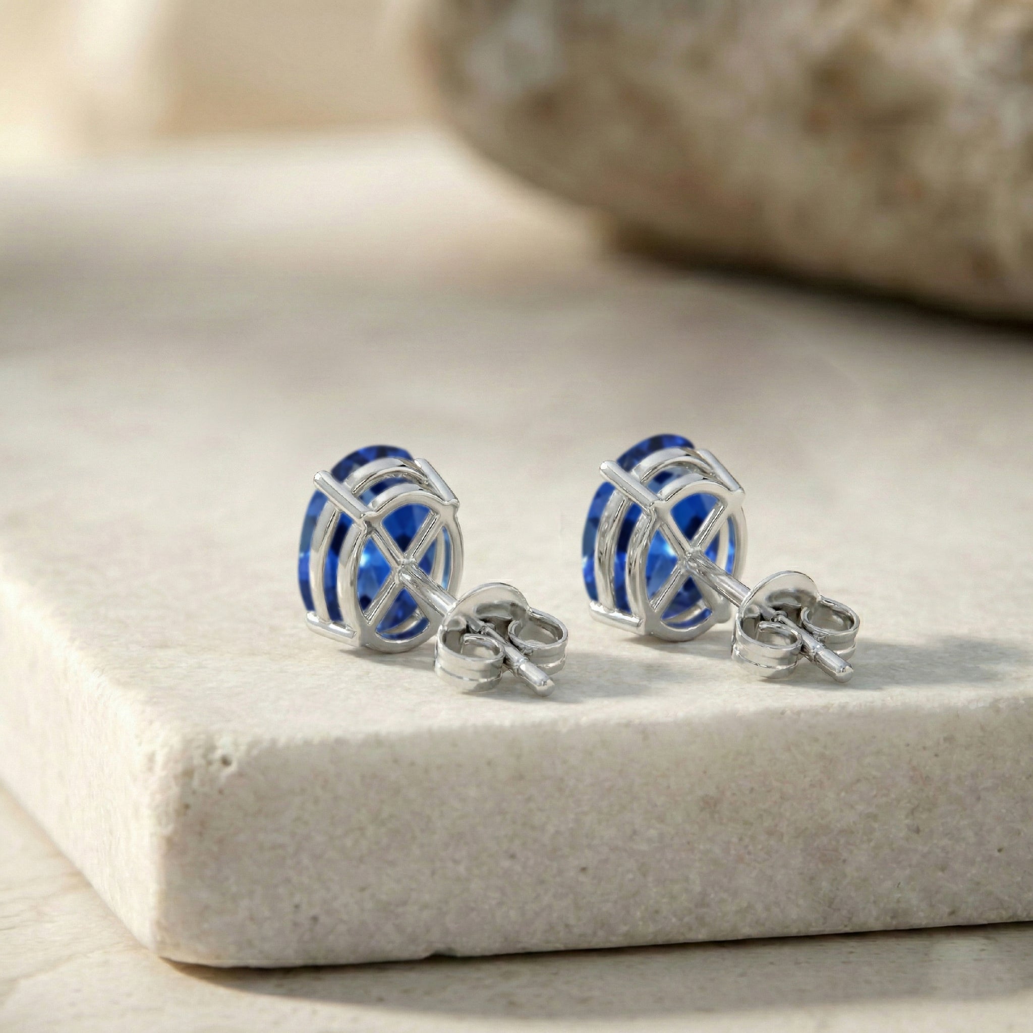 Blue Sapphire Oval Solitaire Stud Earrings in 925 Sterling Silver 5.35ct