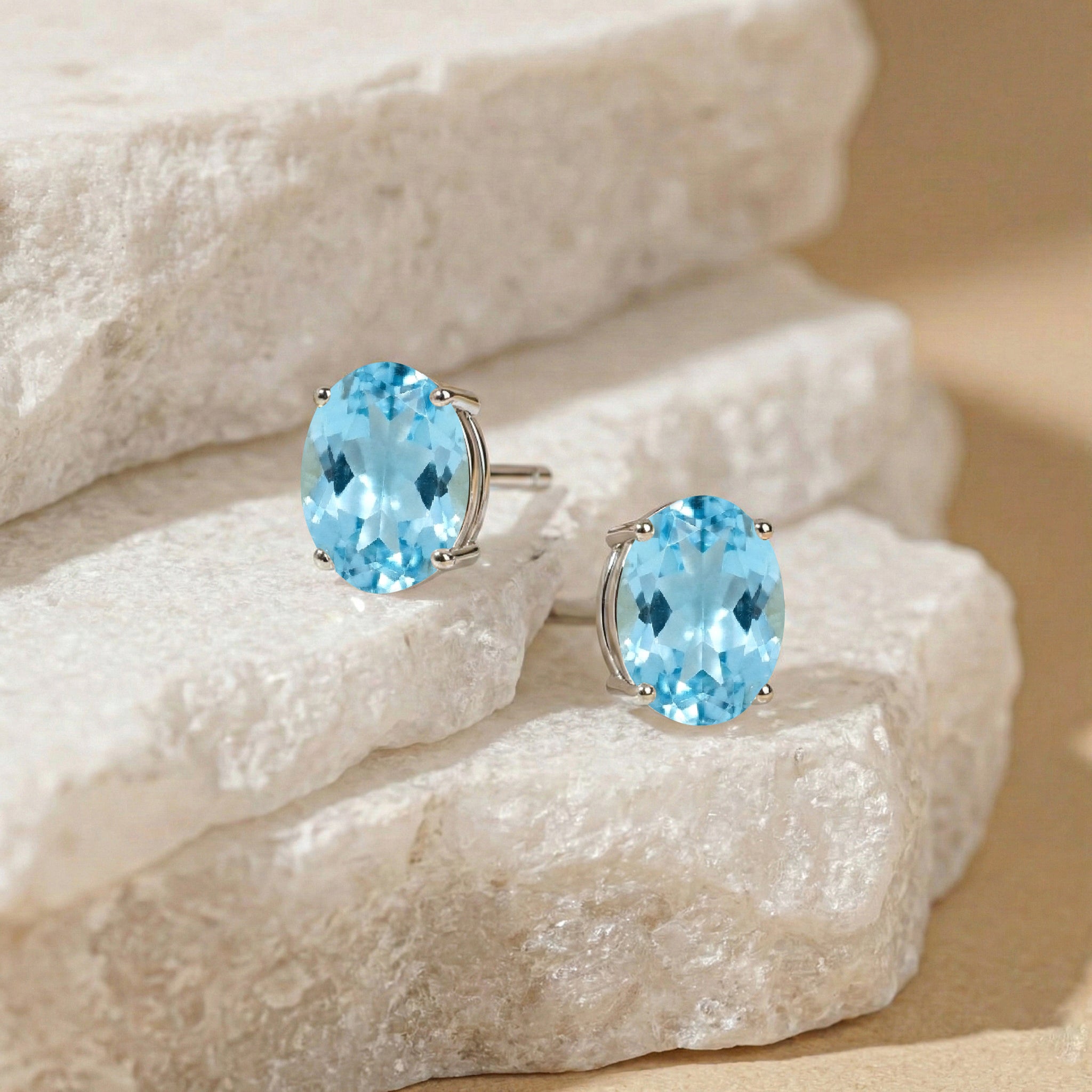 Blue Topaz Oval Solitaire Stud Earrings in  925 Sterling Silver 5.35ct