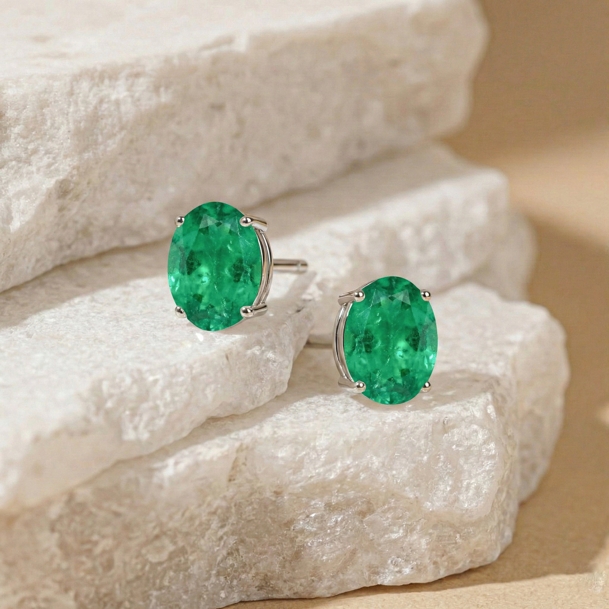 Emerald Oval Solitaire Stud Earrings in  925 Sterling Silver 5.35ct