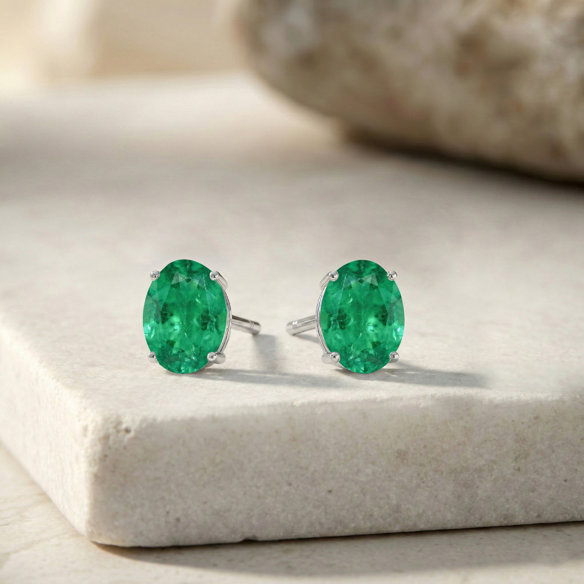 Emerald Oval Solitaire Stud Earrings in  925 Sterling Silver 5.35ct