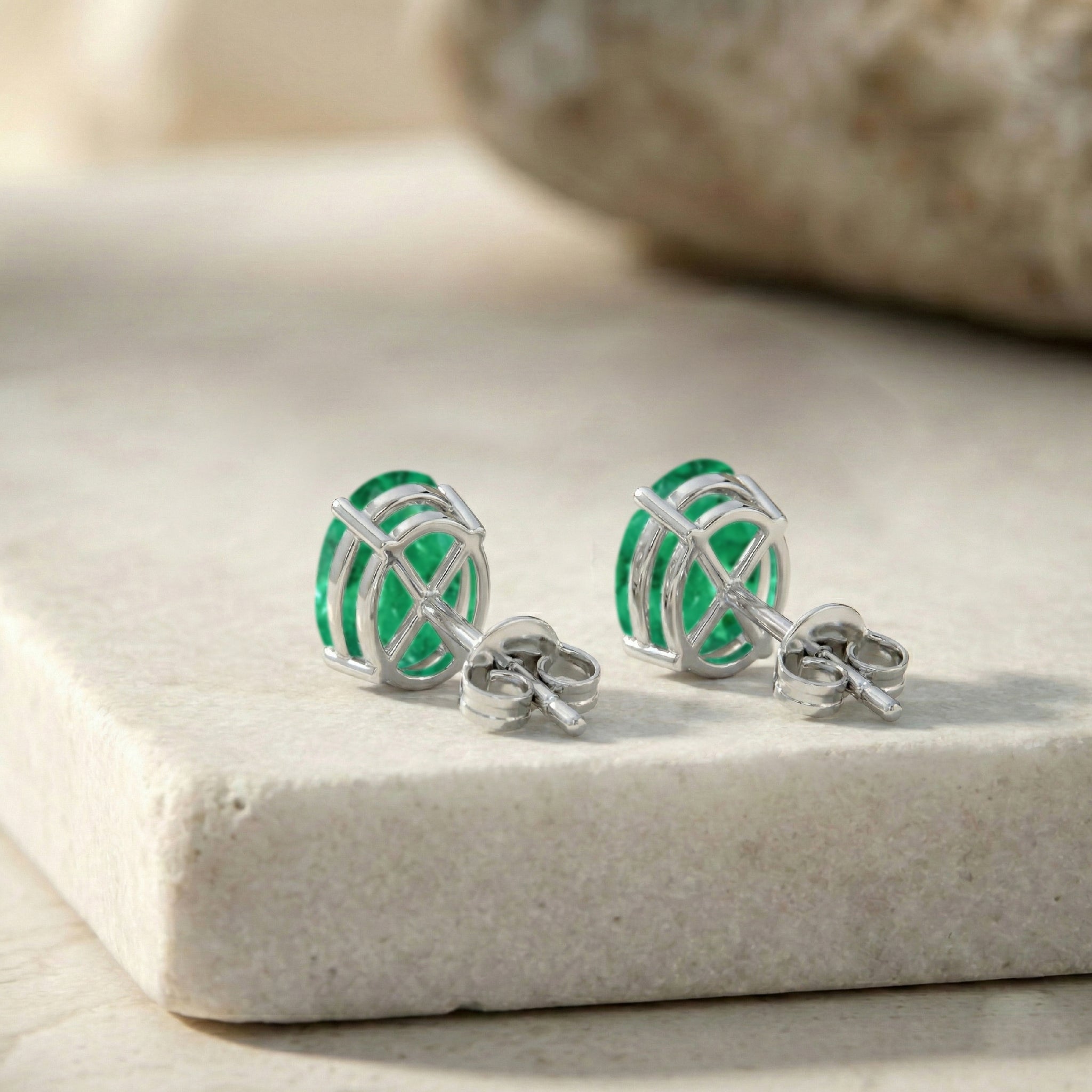 Emerald Oval Solitaire Stud Earrings in  925 Sterling Silver 5.35ct