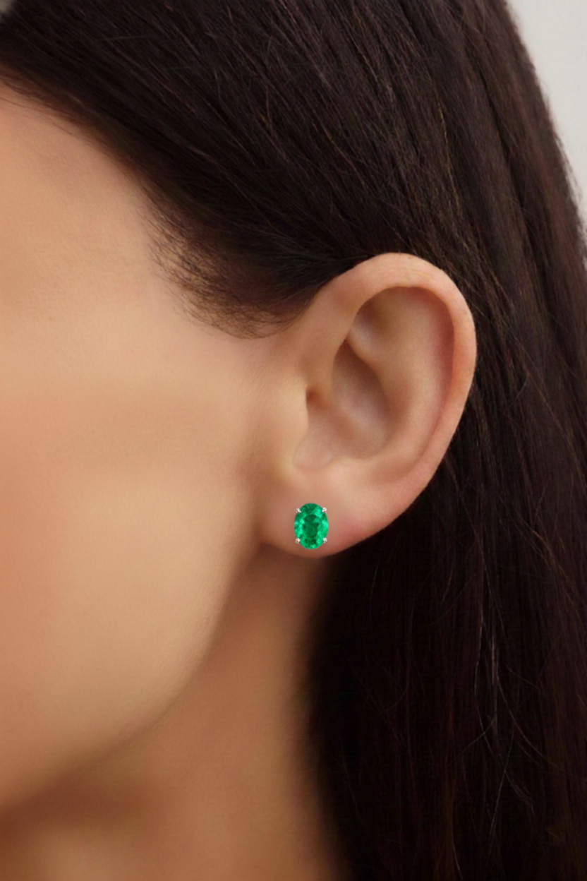 Emerald Oval Solitaire Stud Earrings in  925 Sterling Silver 5.35ct