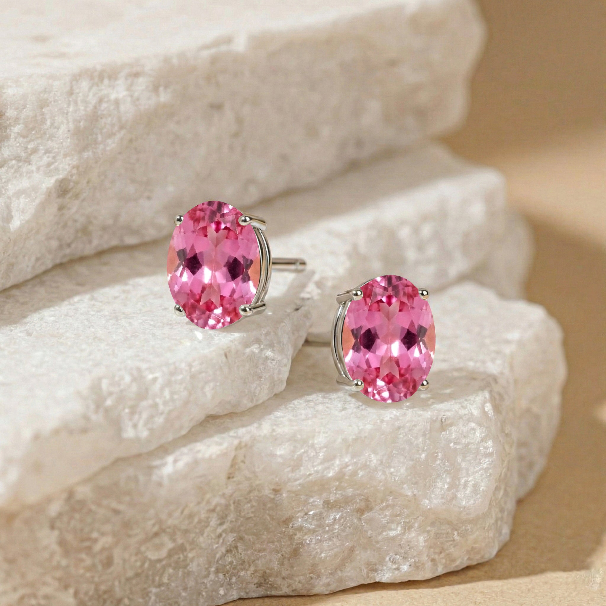 Pink tourmaline Oval Solitaire Stud Earrings in  925 Sterling Silver 5.35ct