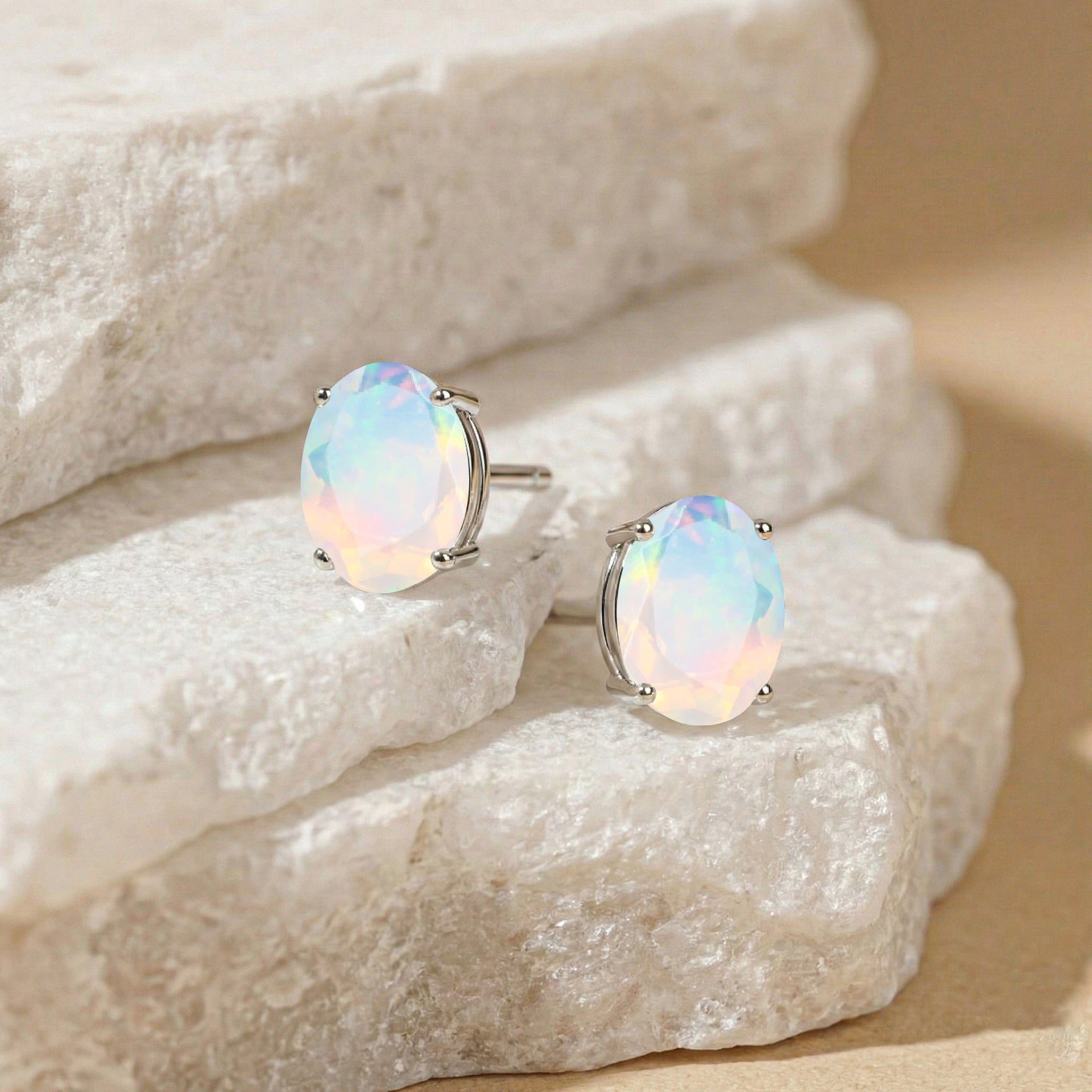 White Opal Oval Solitaire Stud Earrings in  925 Sterling Silver 5.35ct
