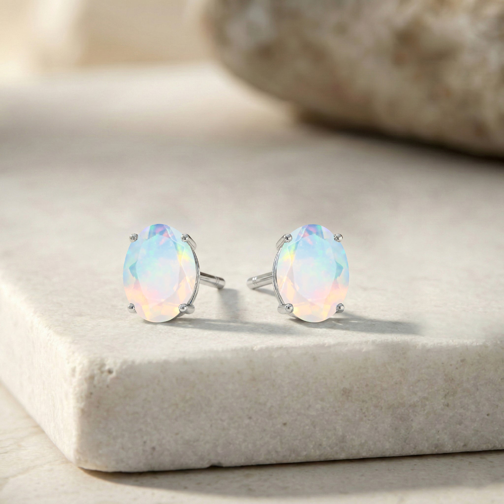 White Opal Oval Solitaire Stud Earrings in  925 Sterling Silver 5.35ct