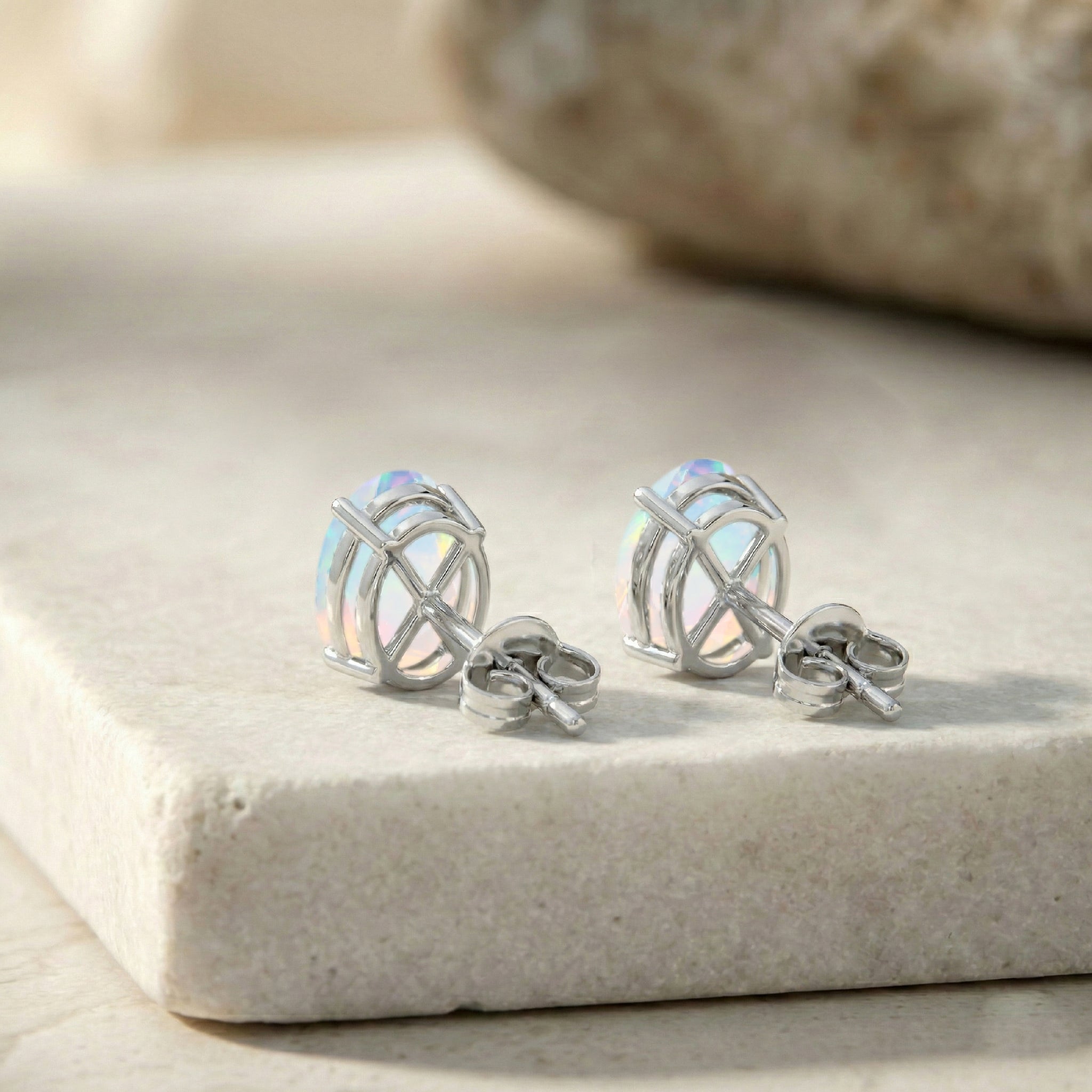 White Opal Oval Solitaire Stud Earrings in  925 Sterling Silver 5.35ct