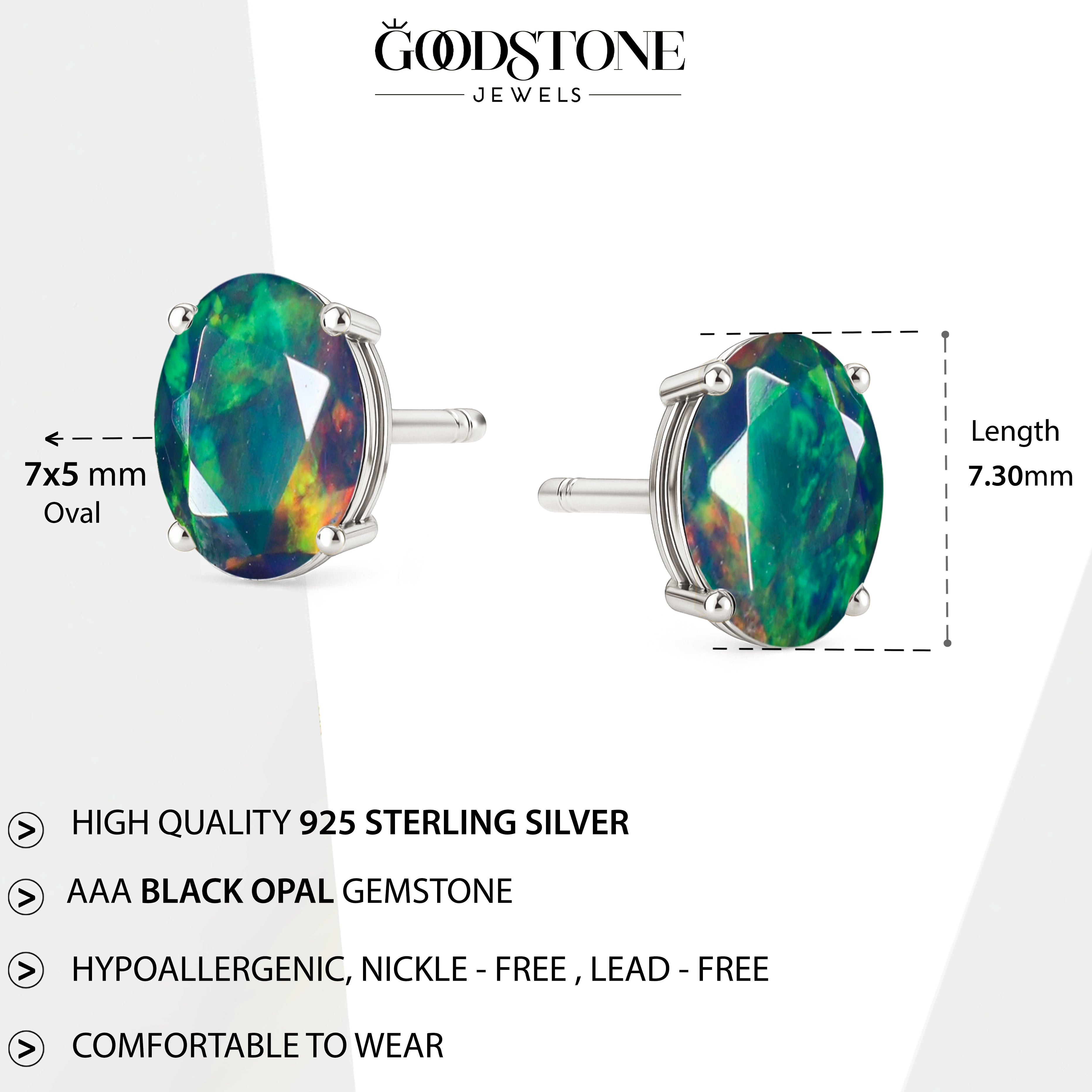 Elegant 7x5 mm Black Opal Oval Stud Earrings | 925 Sterling Silver