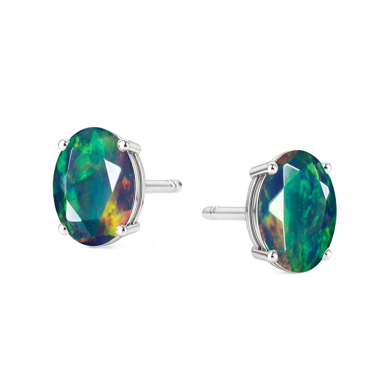 925 Real Black Fire Opal Oval Stud Earrings in Sterling Silver
