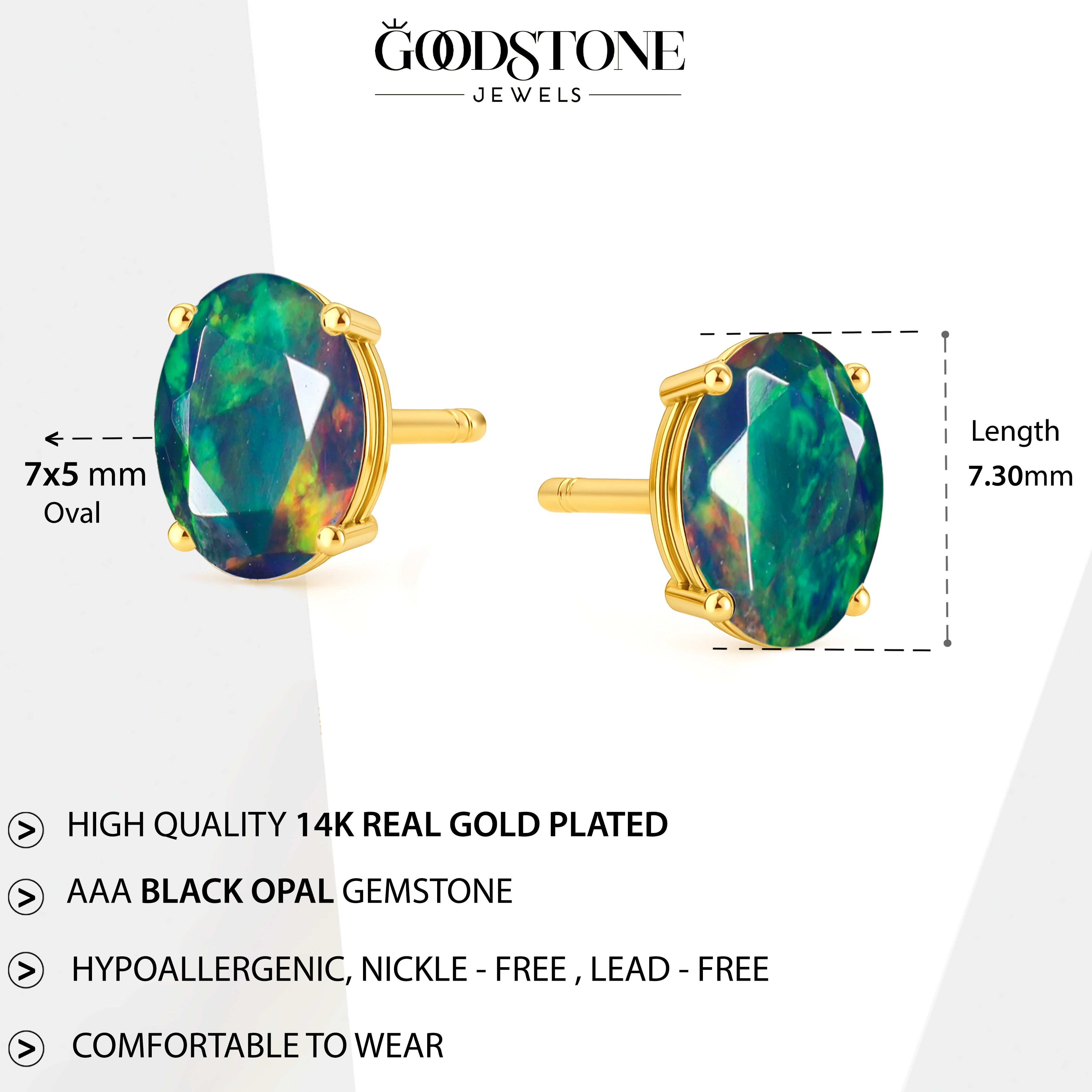 Elegant 7x5 mm Black Opal Oval Stud Earrings | 925 Sterling Silver