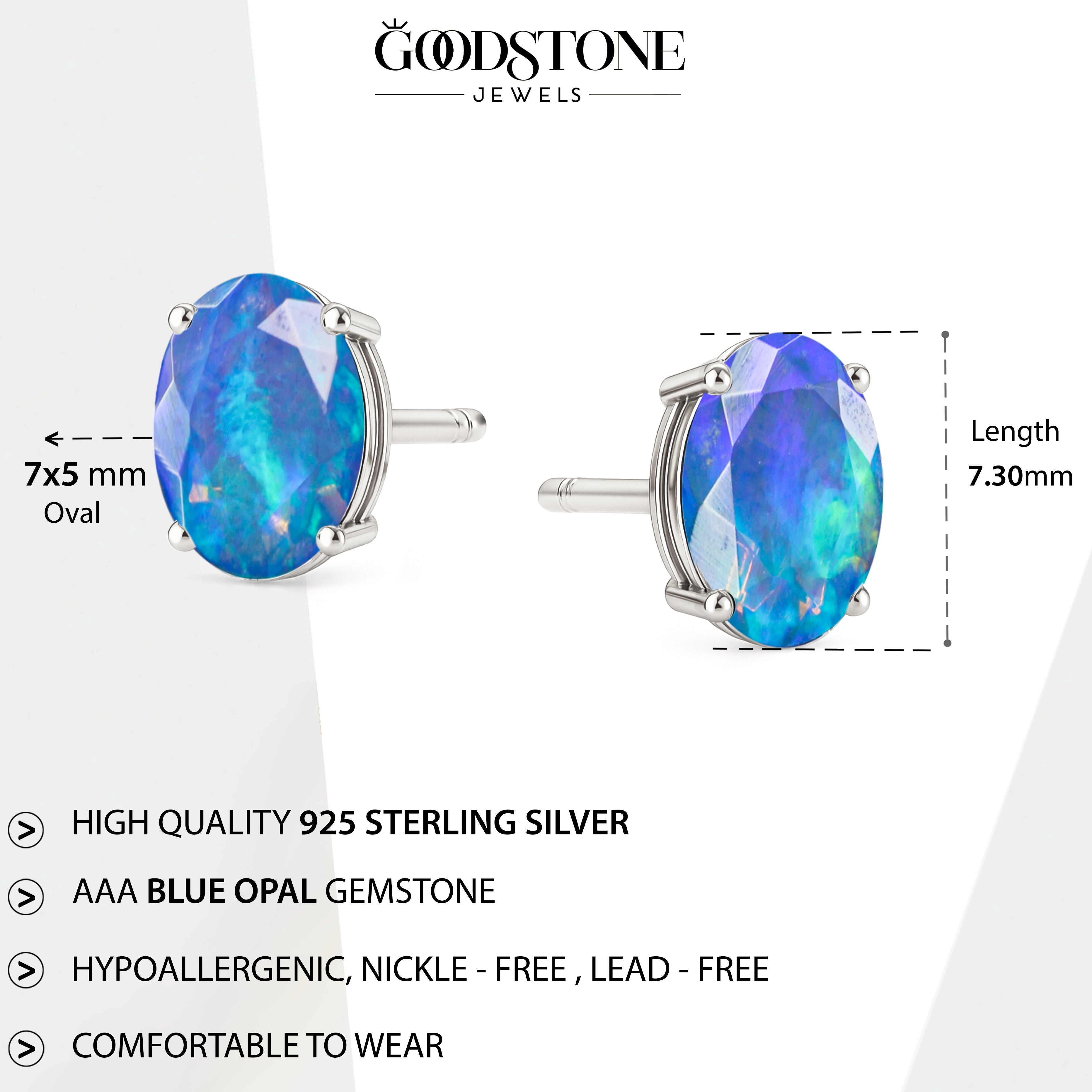Elegant 7x5 mm Blue Opal Oval Stud Earrings | 925 Sterling Silver