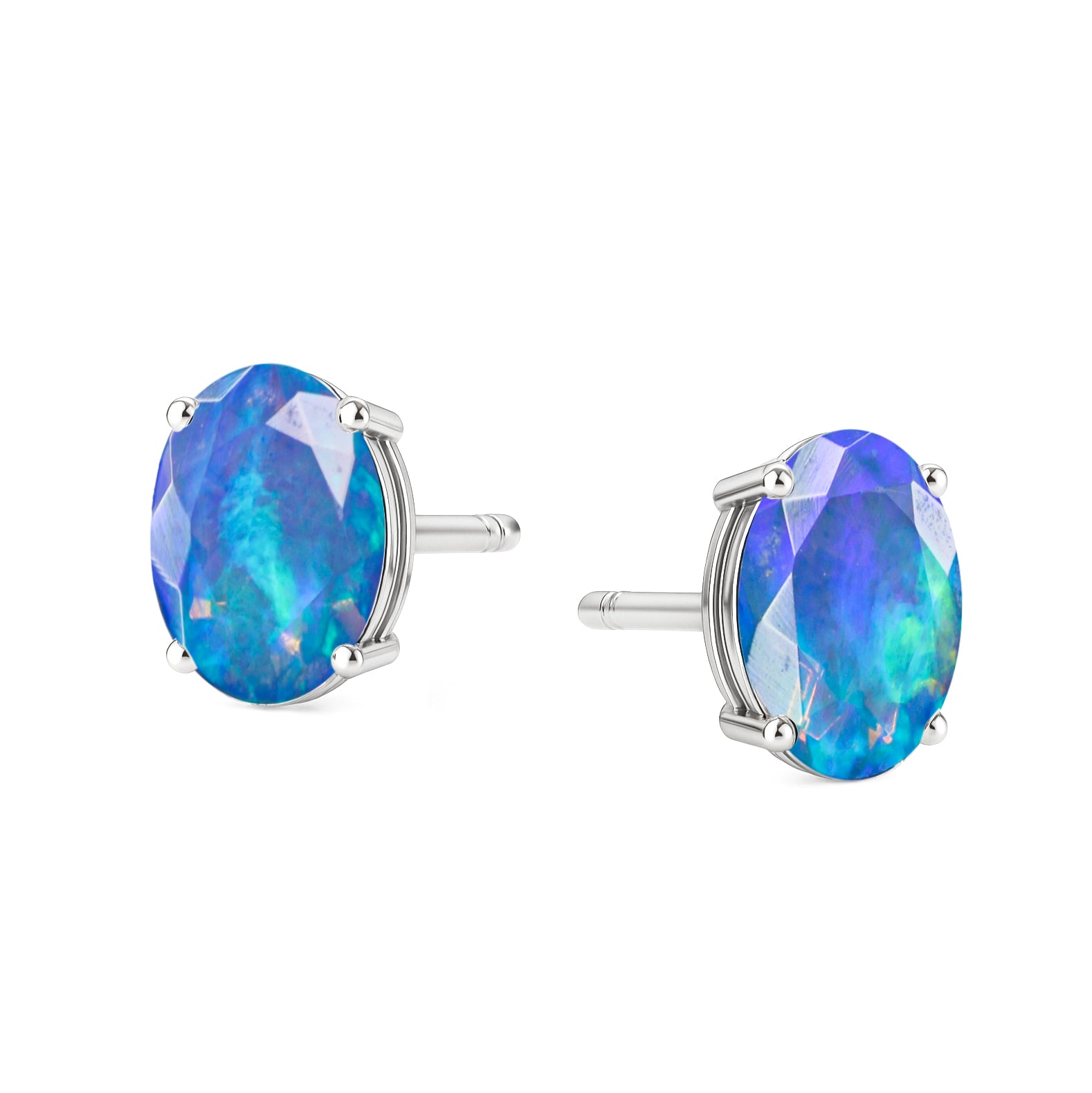 Real Blue Opal Oval Stud Earrings in 925 Sterling Silver