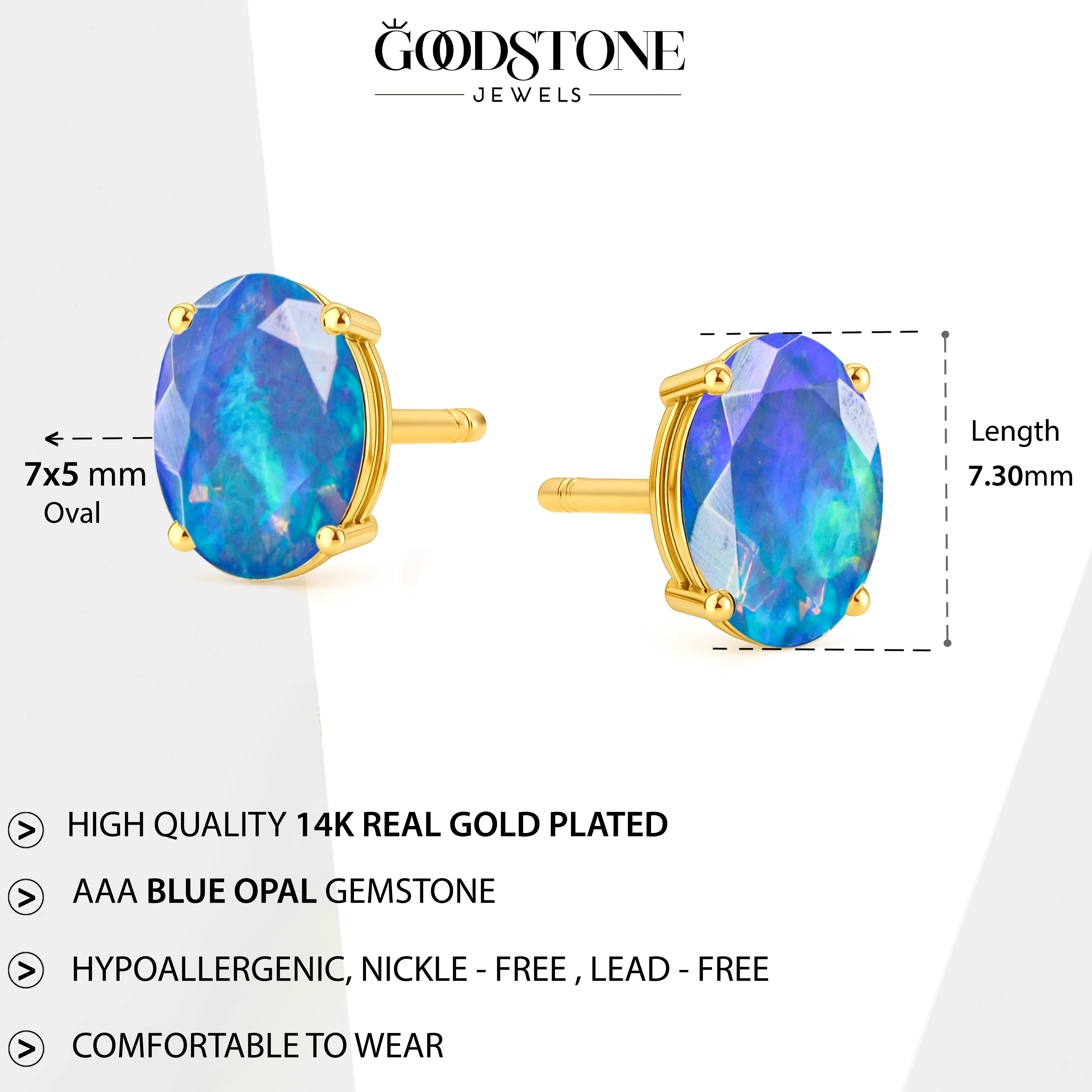 Elegant 7x5 mm Blue Opal Oval Stud Earrings | 925 Sterling Silver