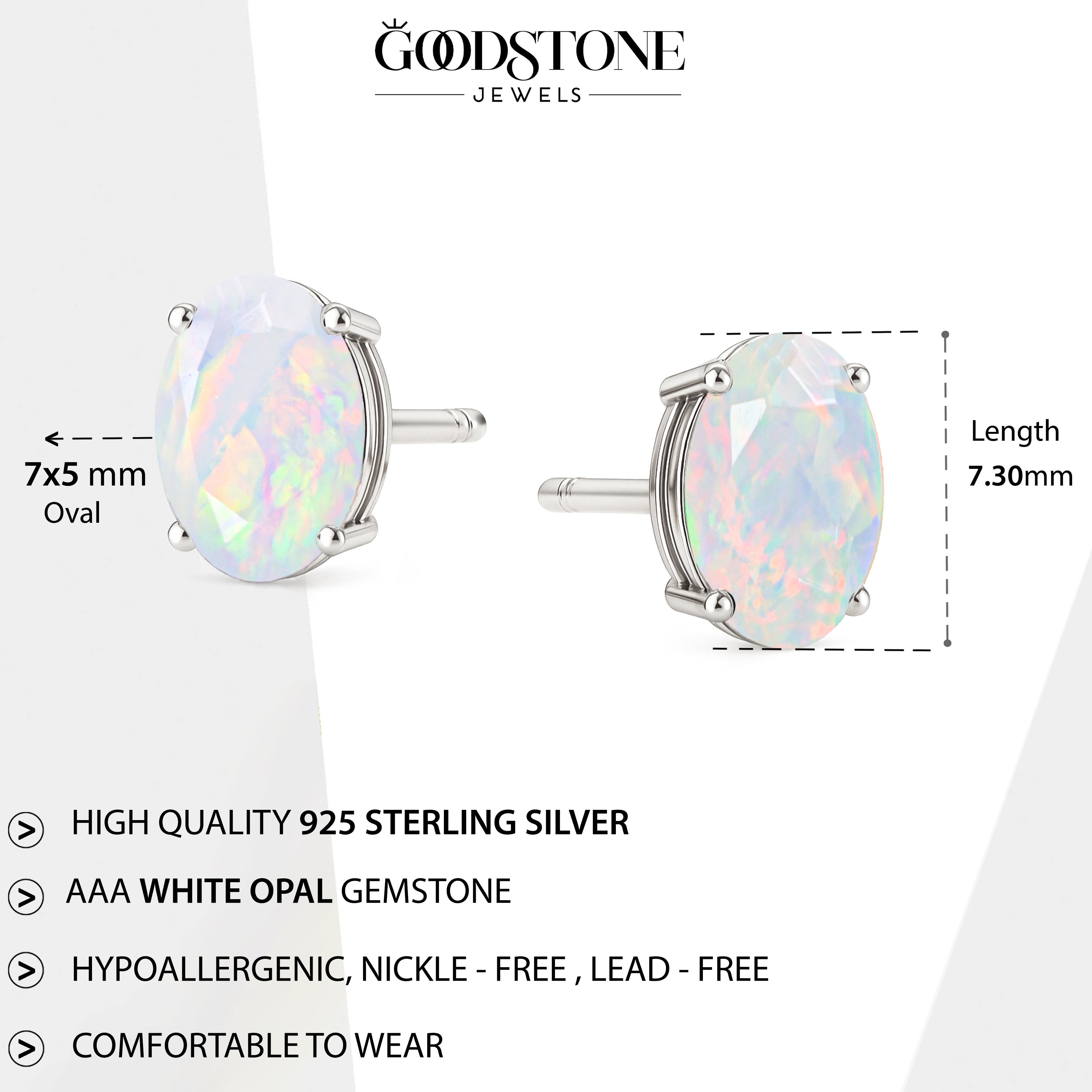 Elegant 7x5 mm White Opal Oval Stud Earrings | 925 Sterling Silver