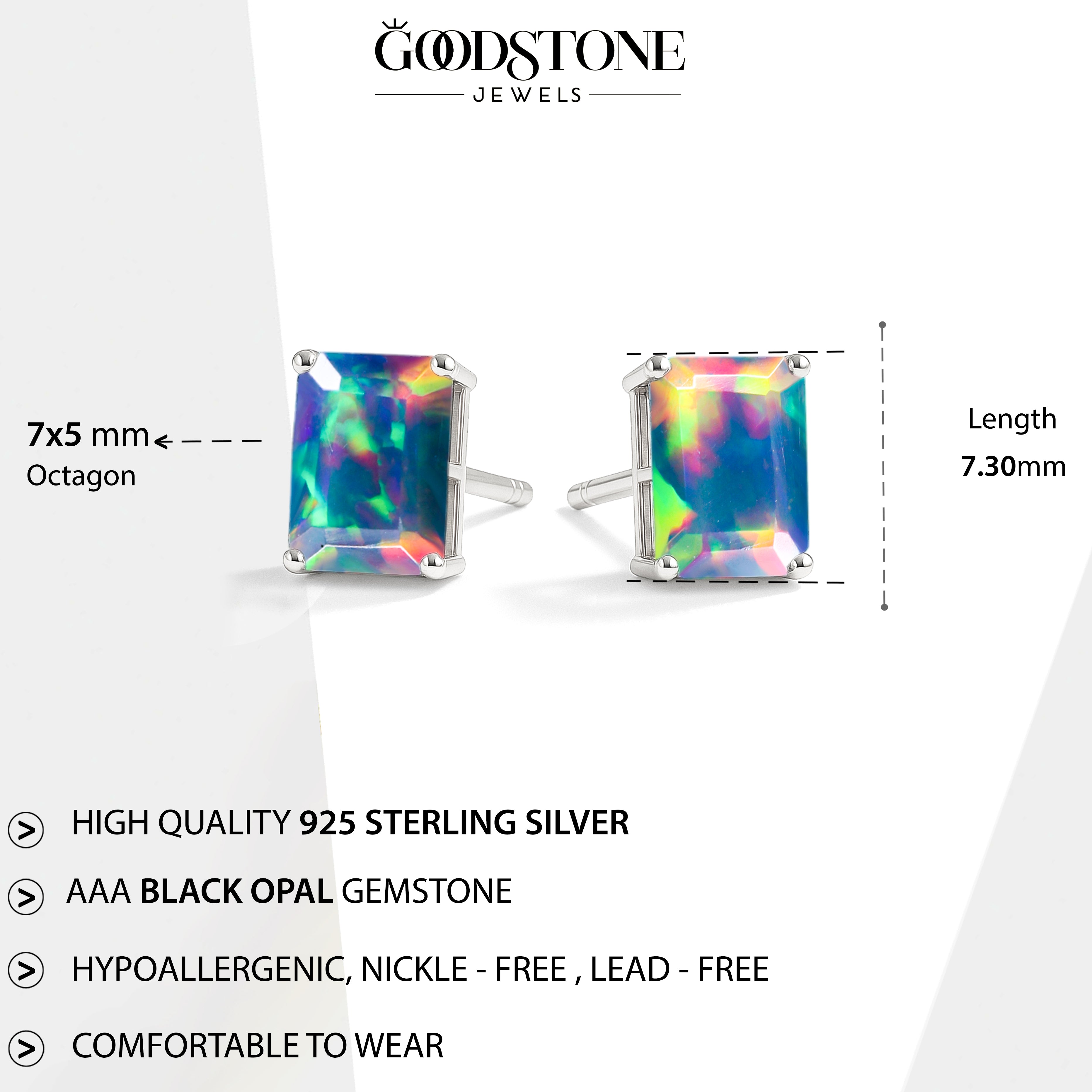 Black Opal Octagon Stud Earrings in 925 Sterling Silver | 7x5mm Gemstone