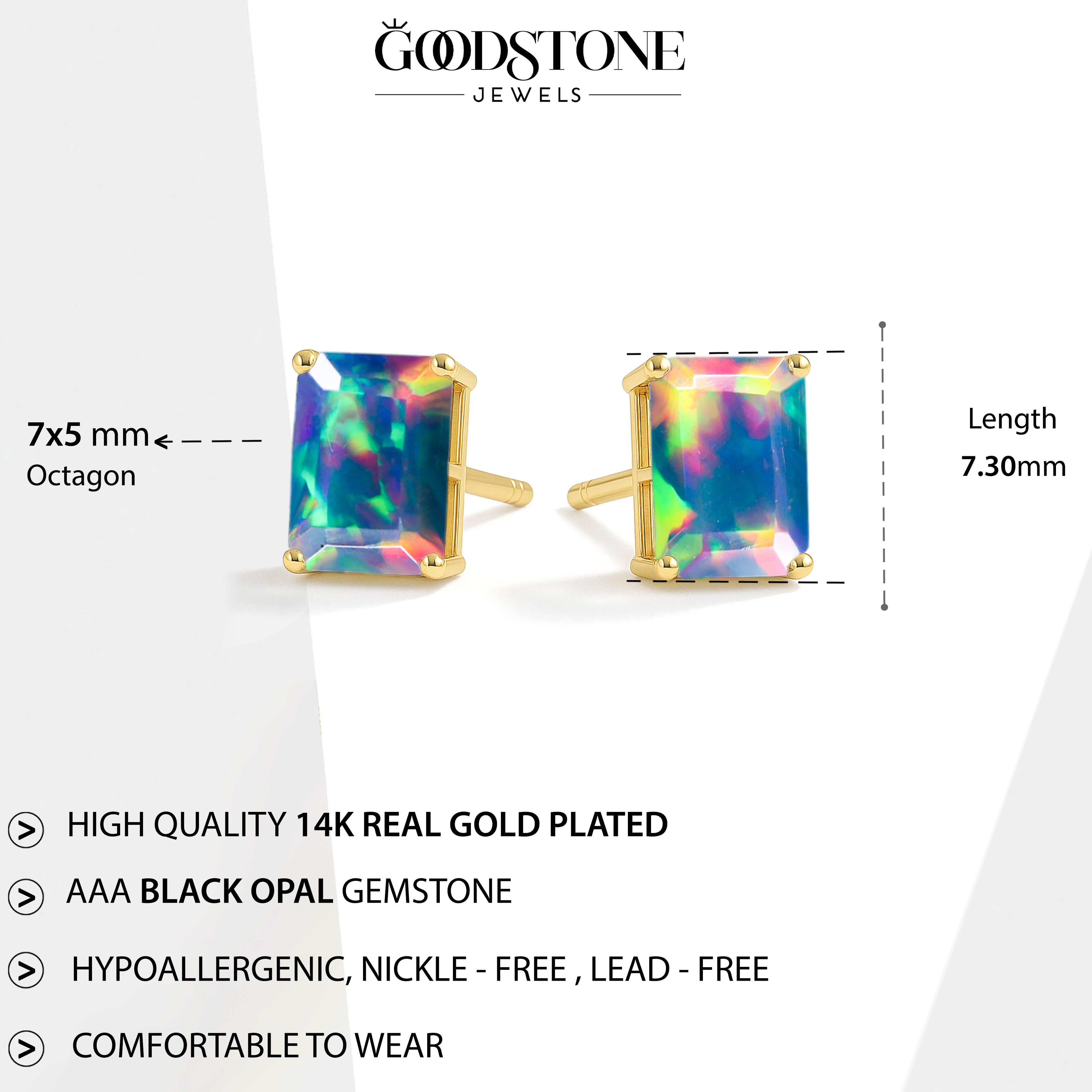 Black Opal Octagon Stud Earrings in 925 Sterling Silver | 7x5mm Gemstone