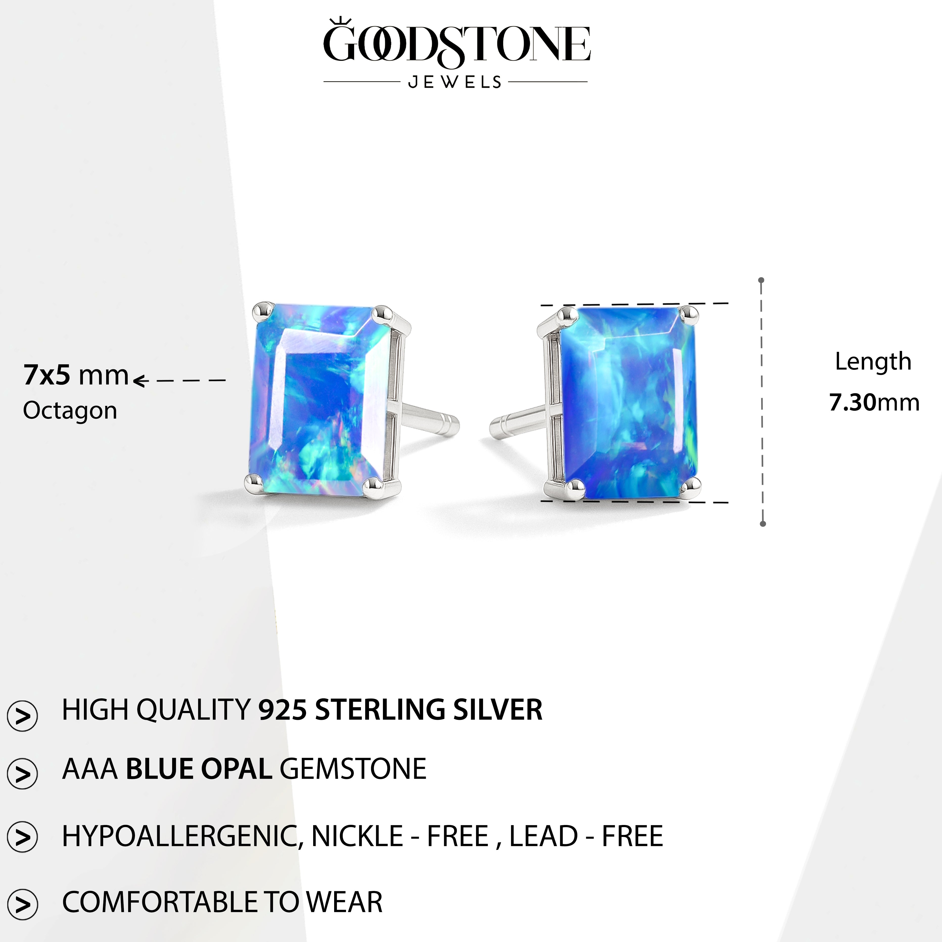Blue Opal Octagon Stud Earrings in 925 Sterling Silver | 7x5mm Gemstone