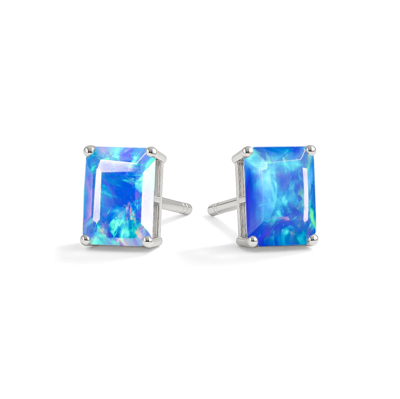 Real Blue Opal Octagon Stud Earrings in 925 Sterling Silver