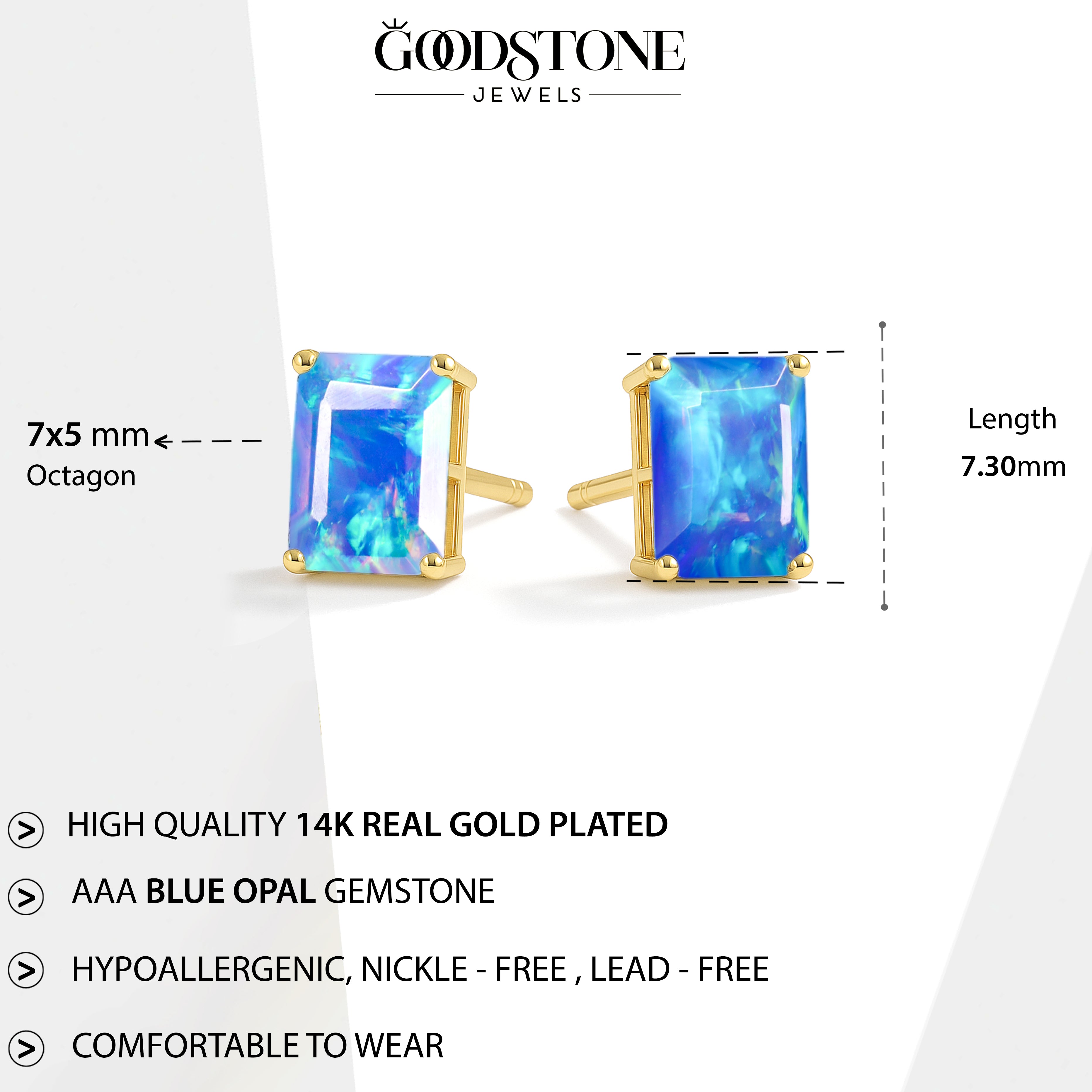 Blue Opal Octagon Stud Earrings in 925 Sterling Silver | 7x5mm Gemstone