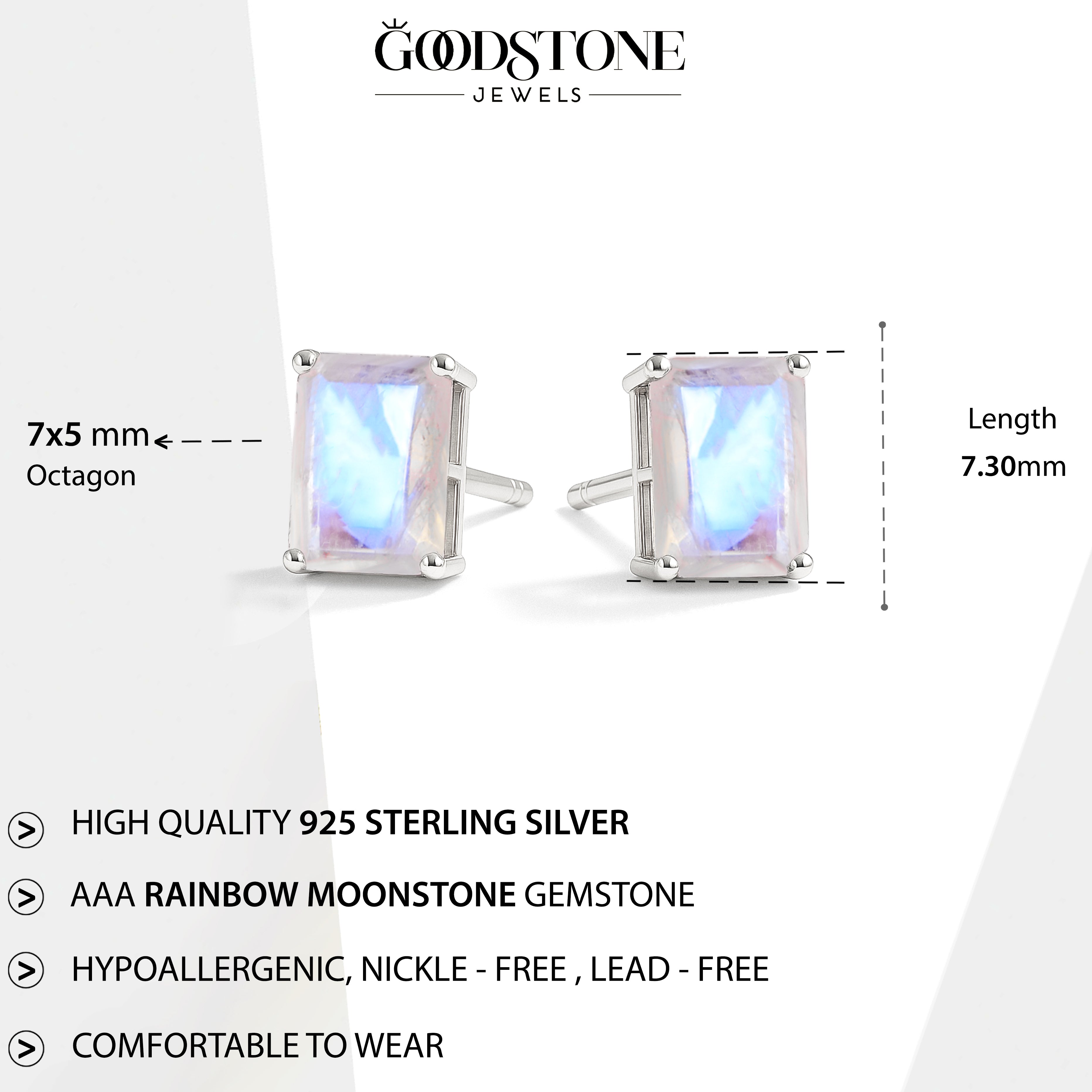 Moonstone Octagon Stud Earrings in 925 Sterling Silver | 7x5mm Gemstone