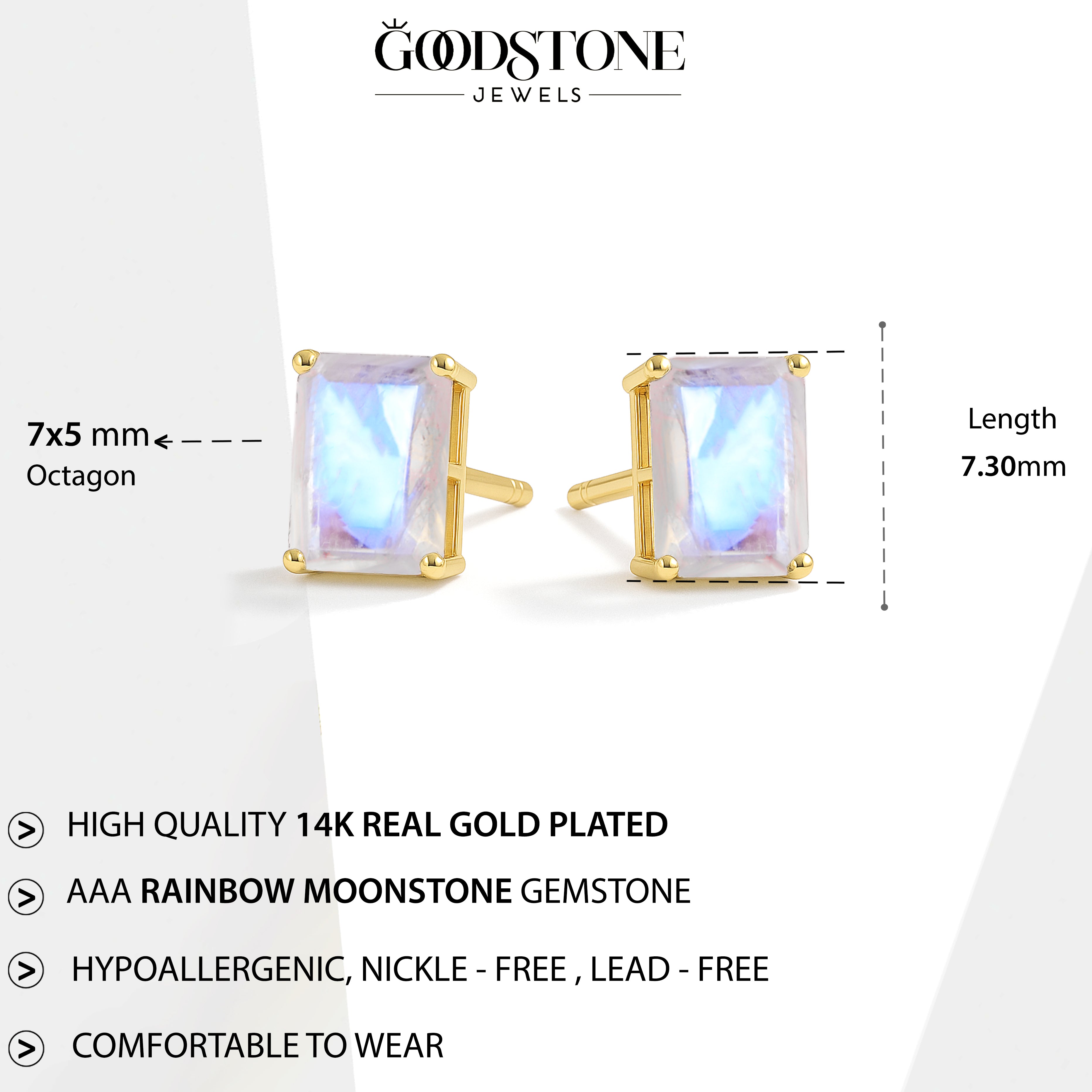 Moonstone Octagon Stud Earrings in 925 Sterling Silver | 7x5mm Gemstone