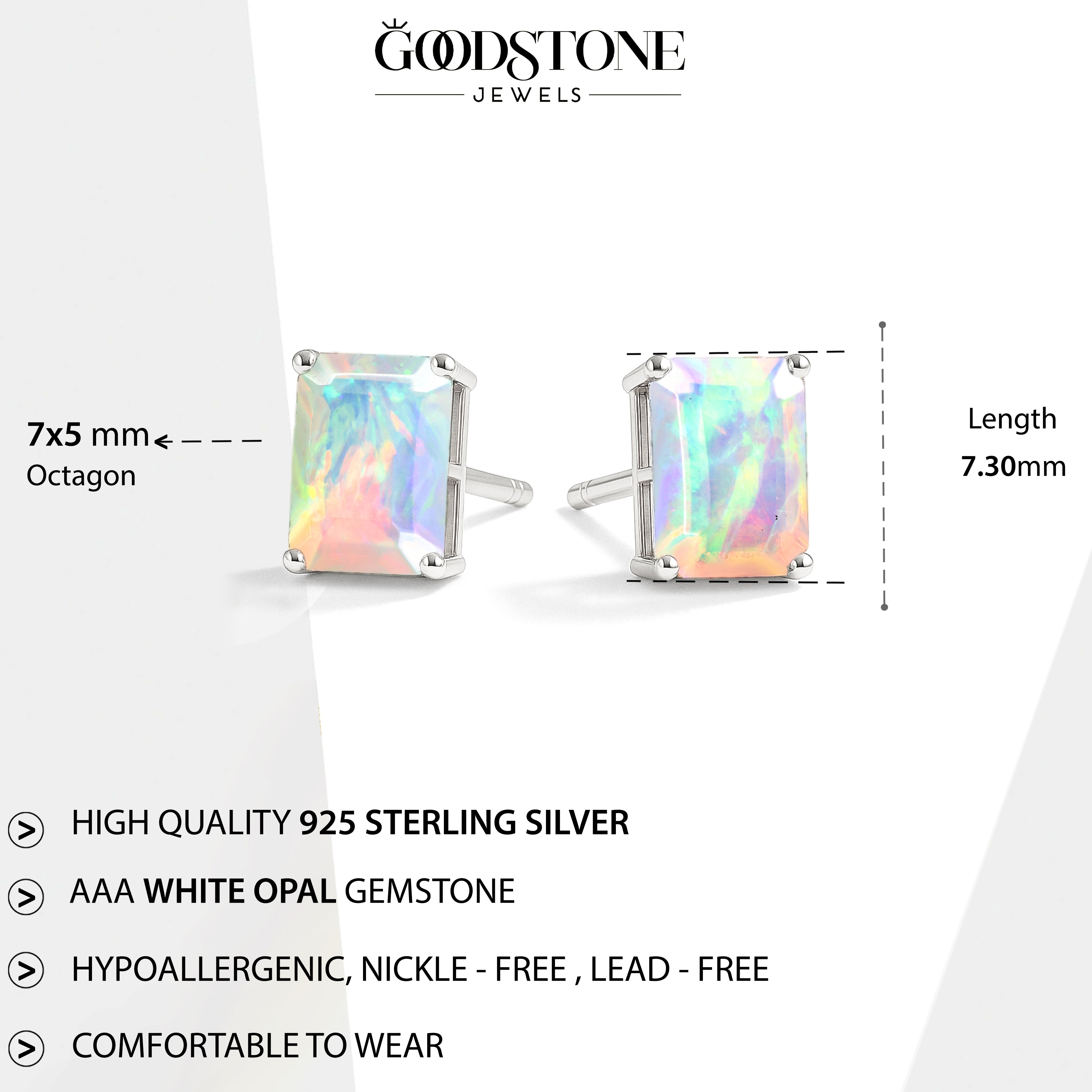White Opal Octagon Stud Earrings in 925 Sterling Silver | 7x5mm Gemstone