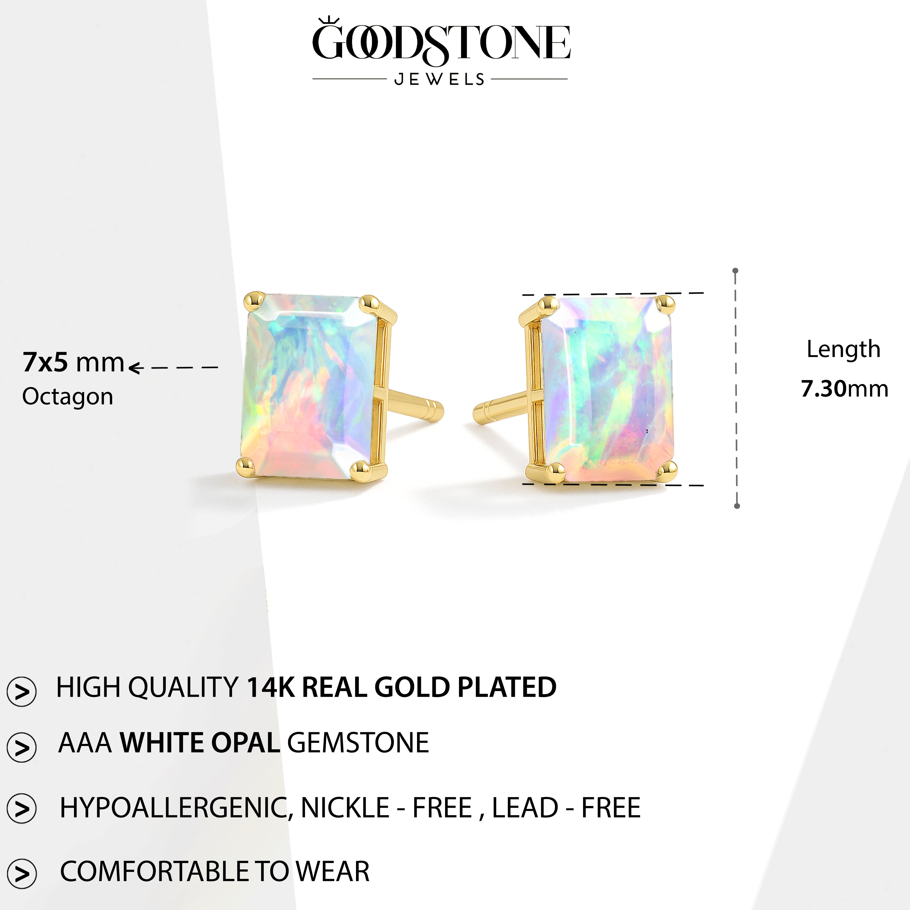 White Opal Octagon Stud Earrings in 925 Sterling Silver | 7x5mm Gemstone